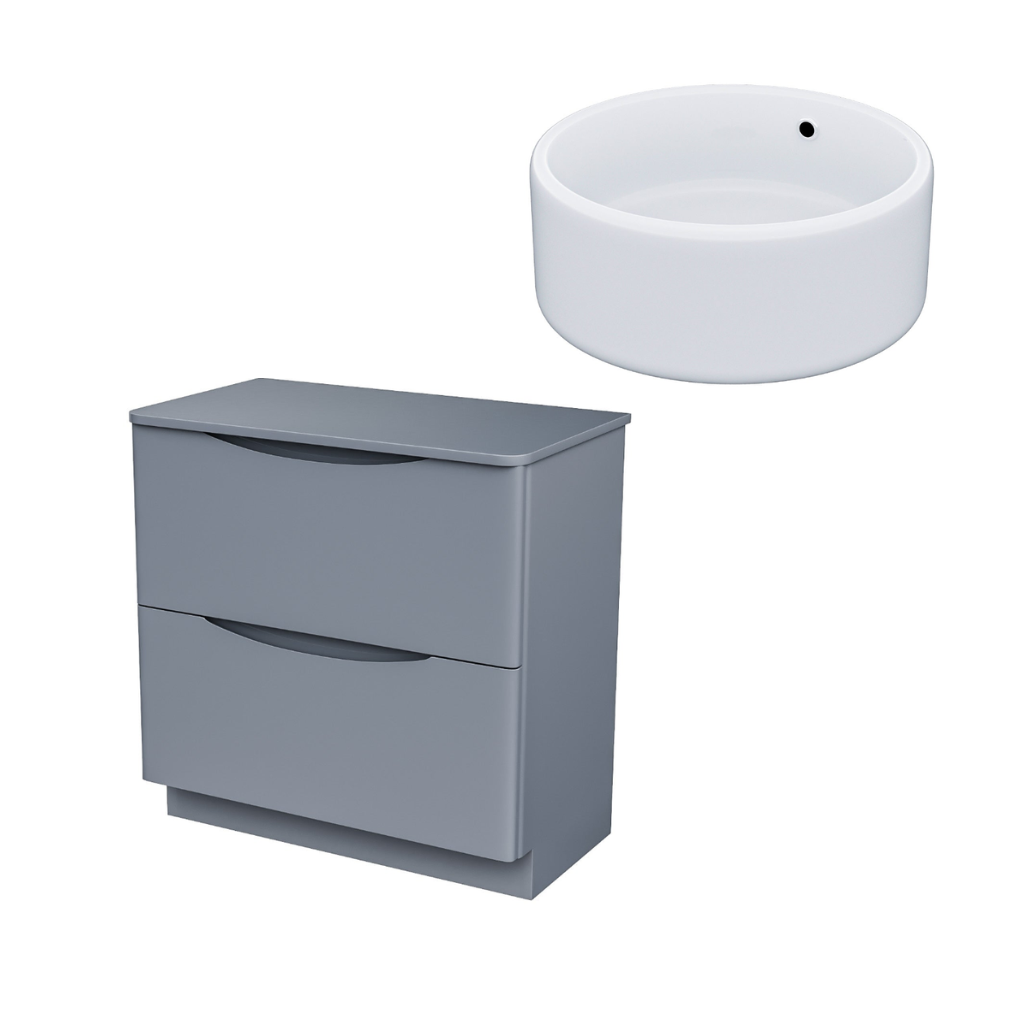 Merton 800mm Dark Grey Freestanding Countertop Vanity Basin Unit 2-Drawer Cabinet with 420mm Extra High Round White Countertop Basin