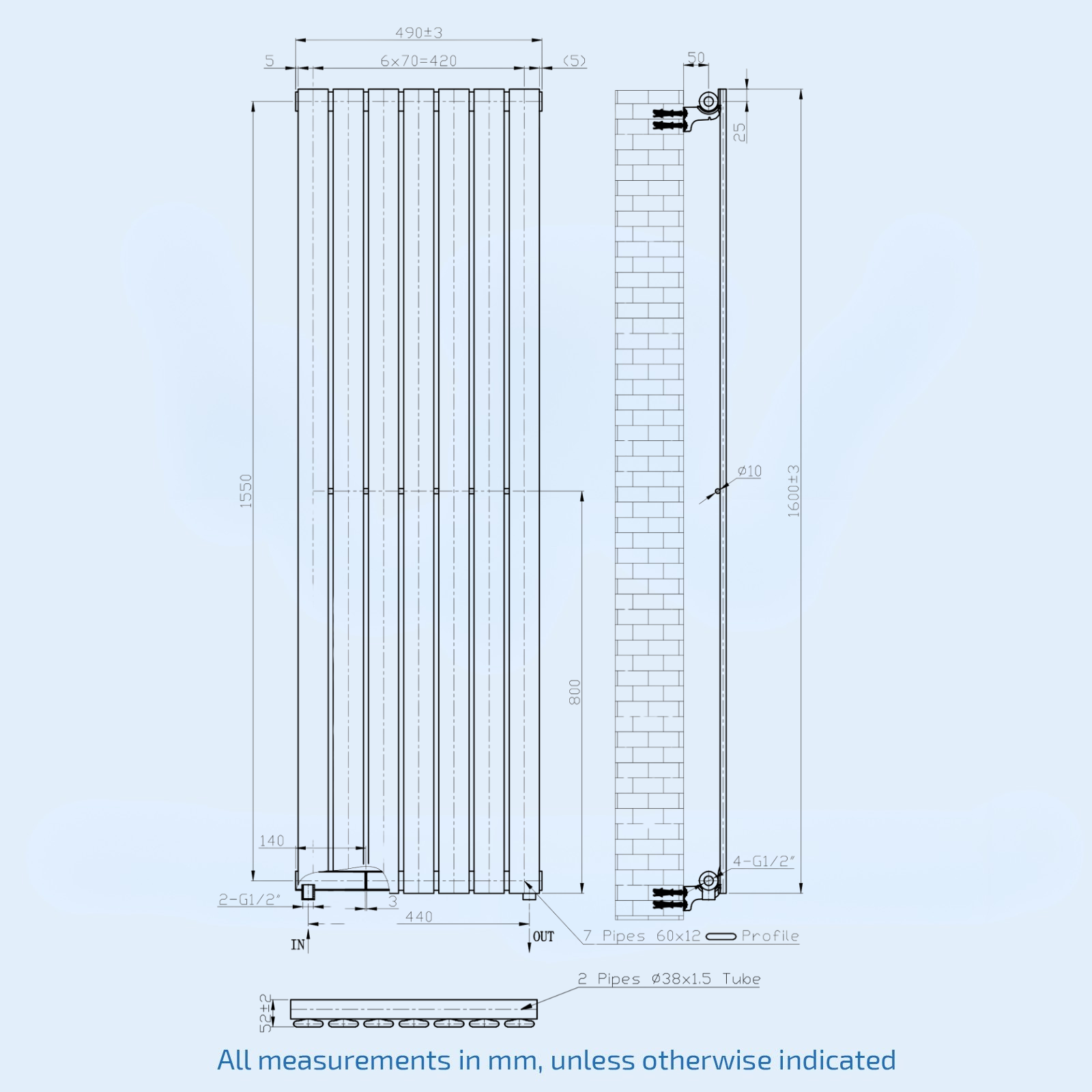 Kartell Boston 1600mm H x 490mm W Anthracite (Textured Grey) Vertical Designer Radiator - BOS1600-480A