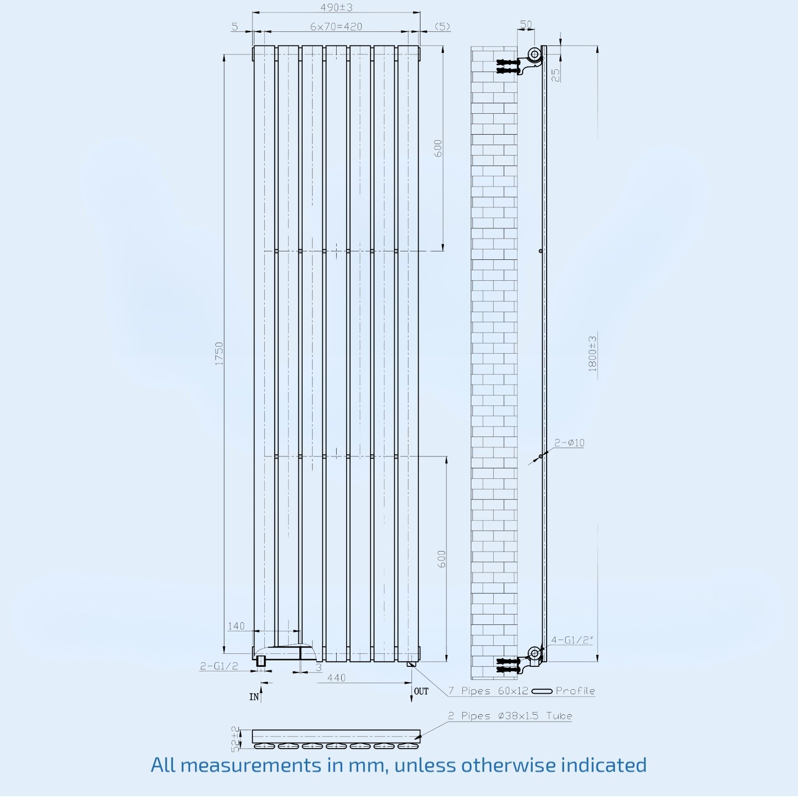 Kartell Boston 1800mm H x 490mm W Anthracite (Textured Grey) Vertical Designer Radiator - BOS1800-480A