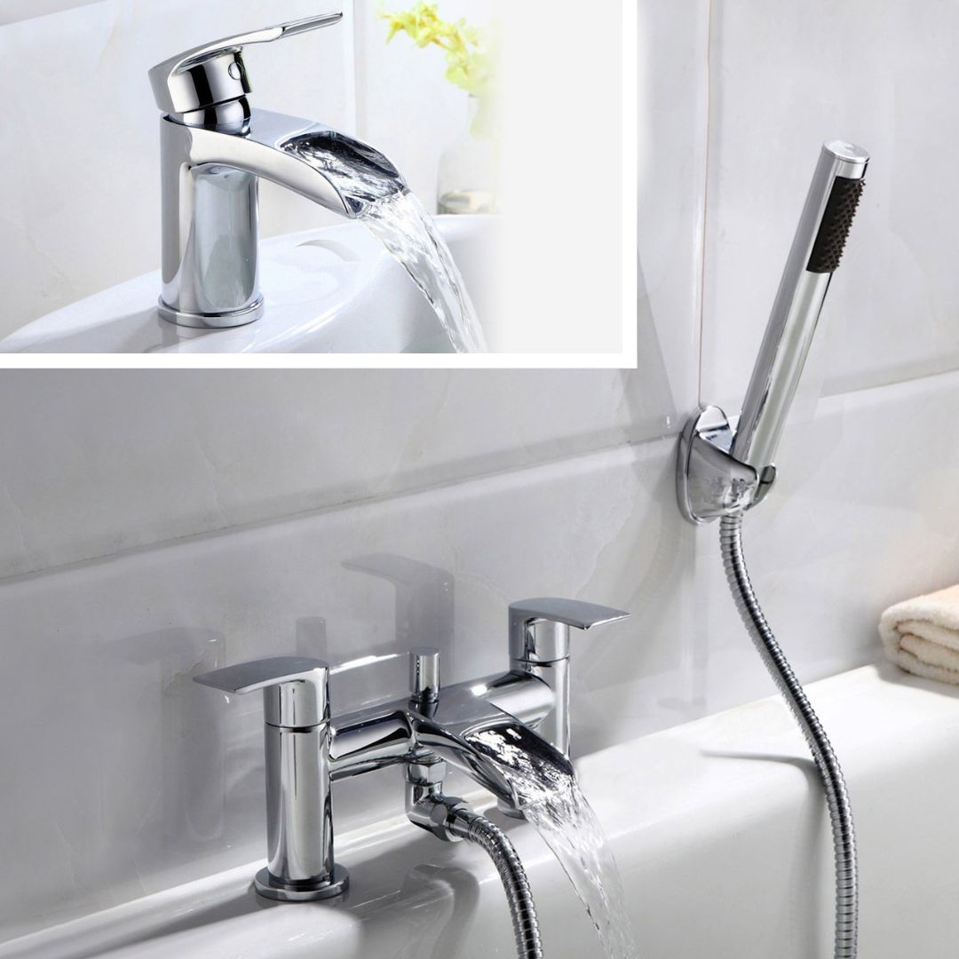 Vago Modern Set Of Waterfall Basin Mono Mixer Tap & Bath Shower Mixer Tap With Handset Kit