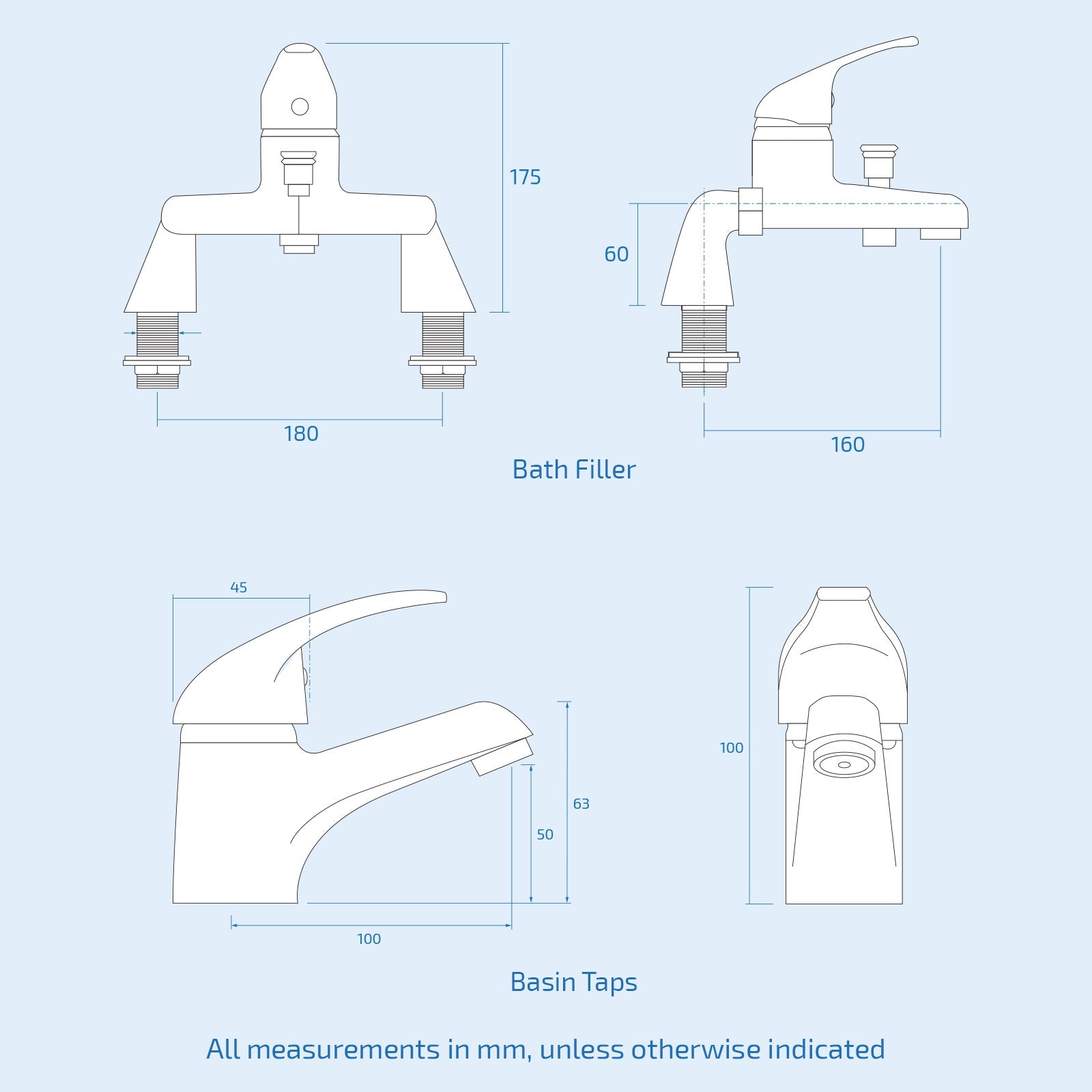 Dame Bathroom Basin Mono Mixer Tap, Bath Shower Mixer Tap & Waste Chrome