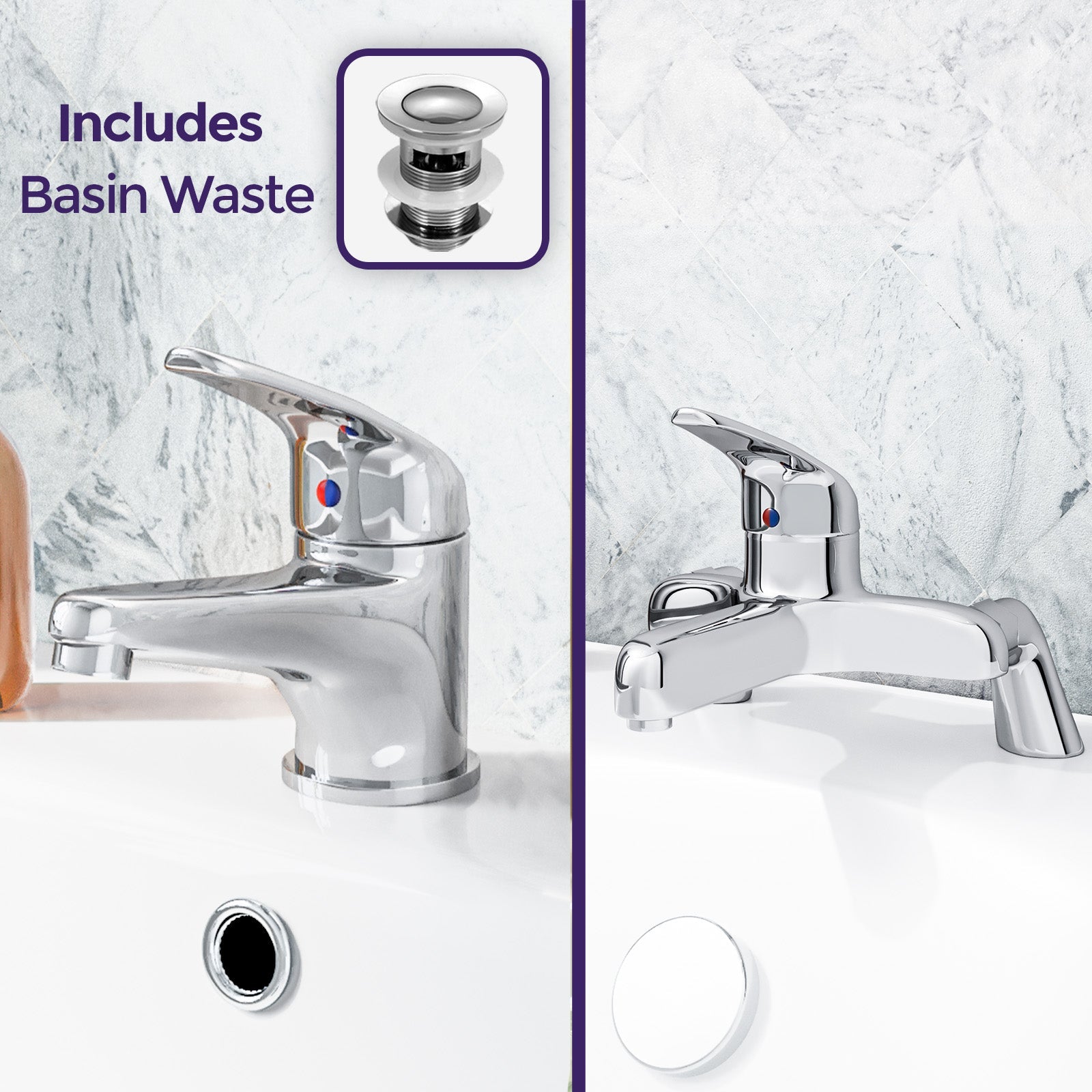 Studio Modern Chrome Bathroom Basin Mono Mixer Tap & Deck Mounted Bath Filler Tap