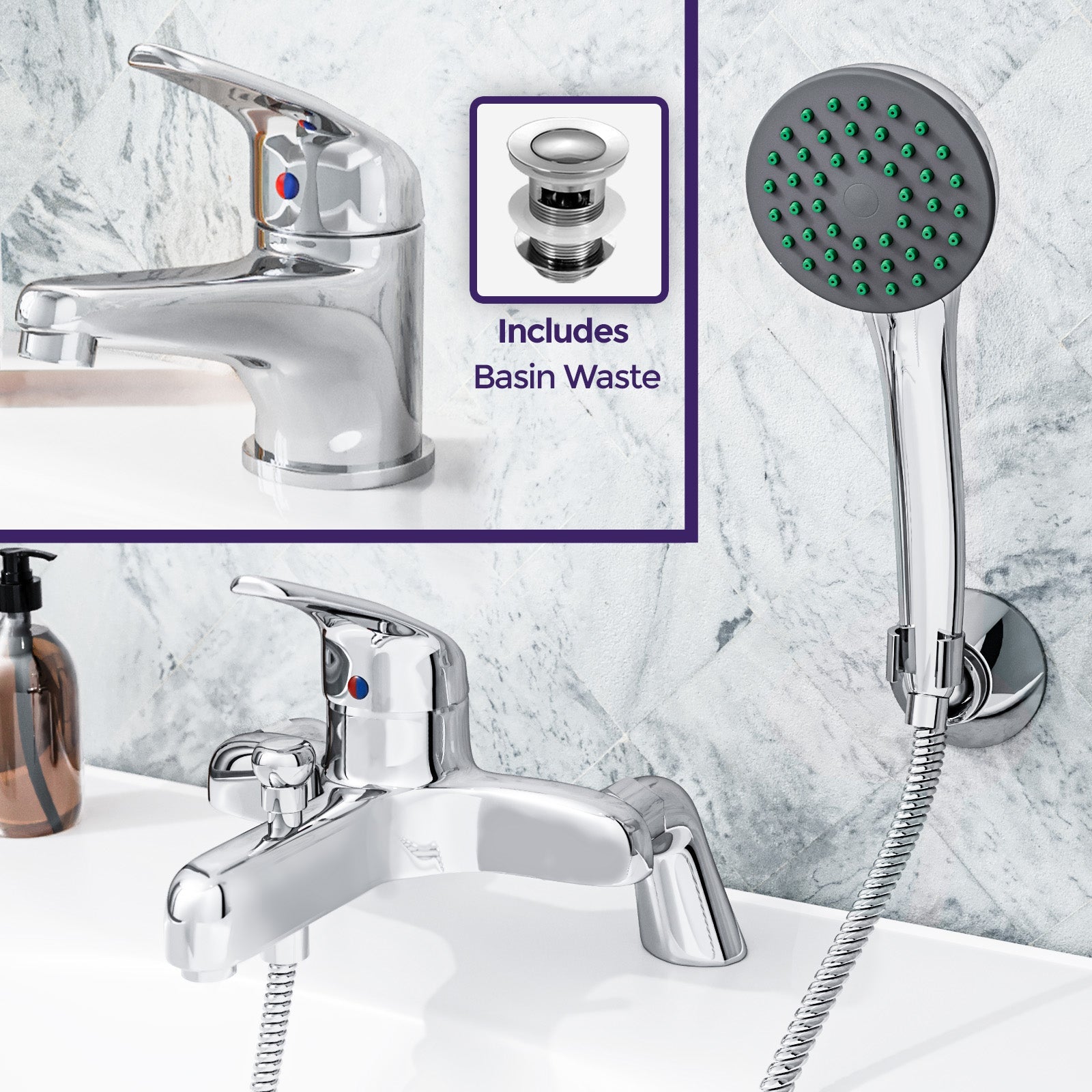 Studio Modern Chrome Basin Sink Mono Mixer Tap & Bath Shower Mixer Tap Set