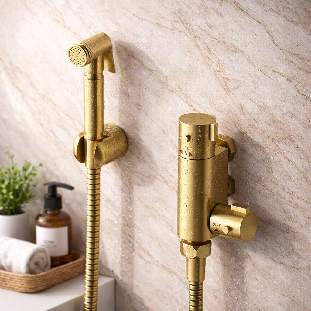 Rowde Bidet Douche & Thermostatic Bar Valve with Spray Kit Brushed Brass