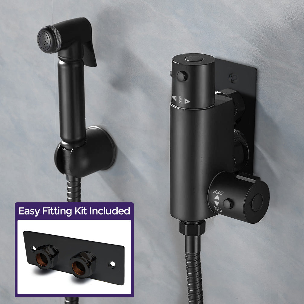 Modern Matte Black Bidet Douche Mini Thermostatic Bar Valve And Spray Kit with Black Plate Bracket