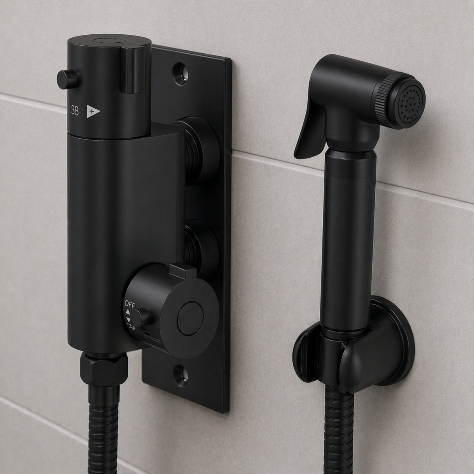 Eva Matte Black Bidet Douche Mini Thermostatic Bar Valve & Spray Kit with Easy Fitting Plate Set