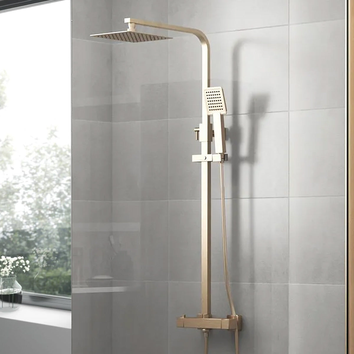 Frode Brushed Gold Thermostatic Shower Mixer Set Square Twin Head Expo