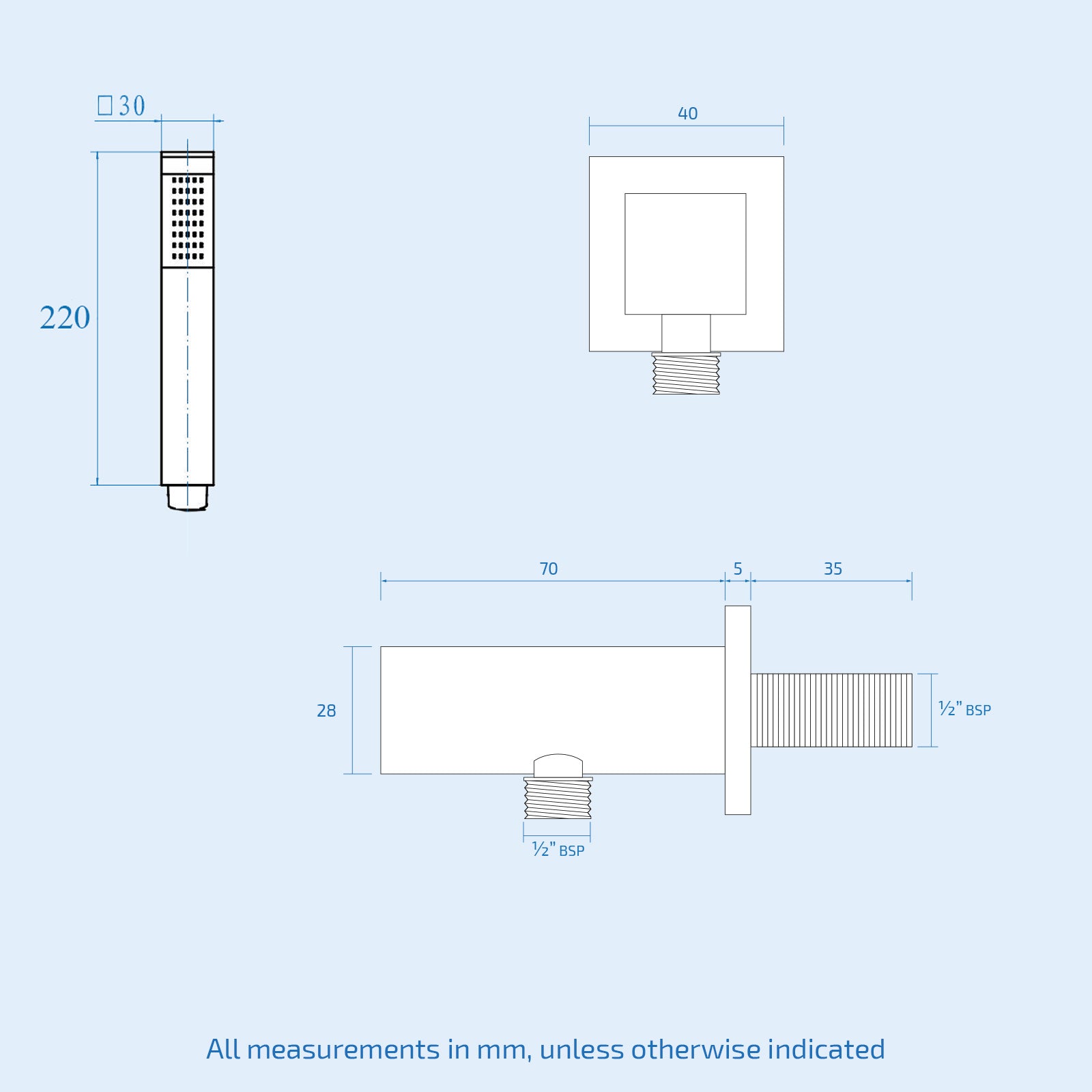Temel Black Matt 200 mm Square Shower Head Thermostatic Mixer Valve HandHeld