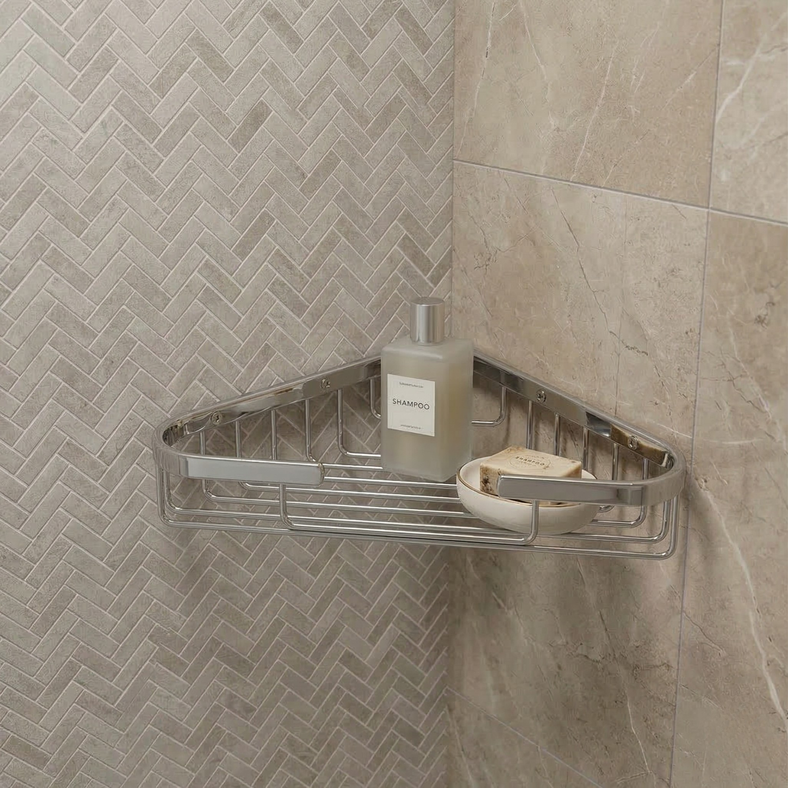 Bathroom 265mm x 60mm Brass Chrome Wall Mounted Corner Basket Shower Caddy