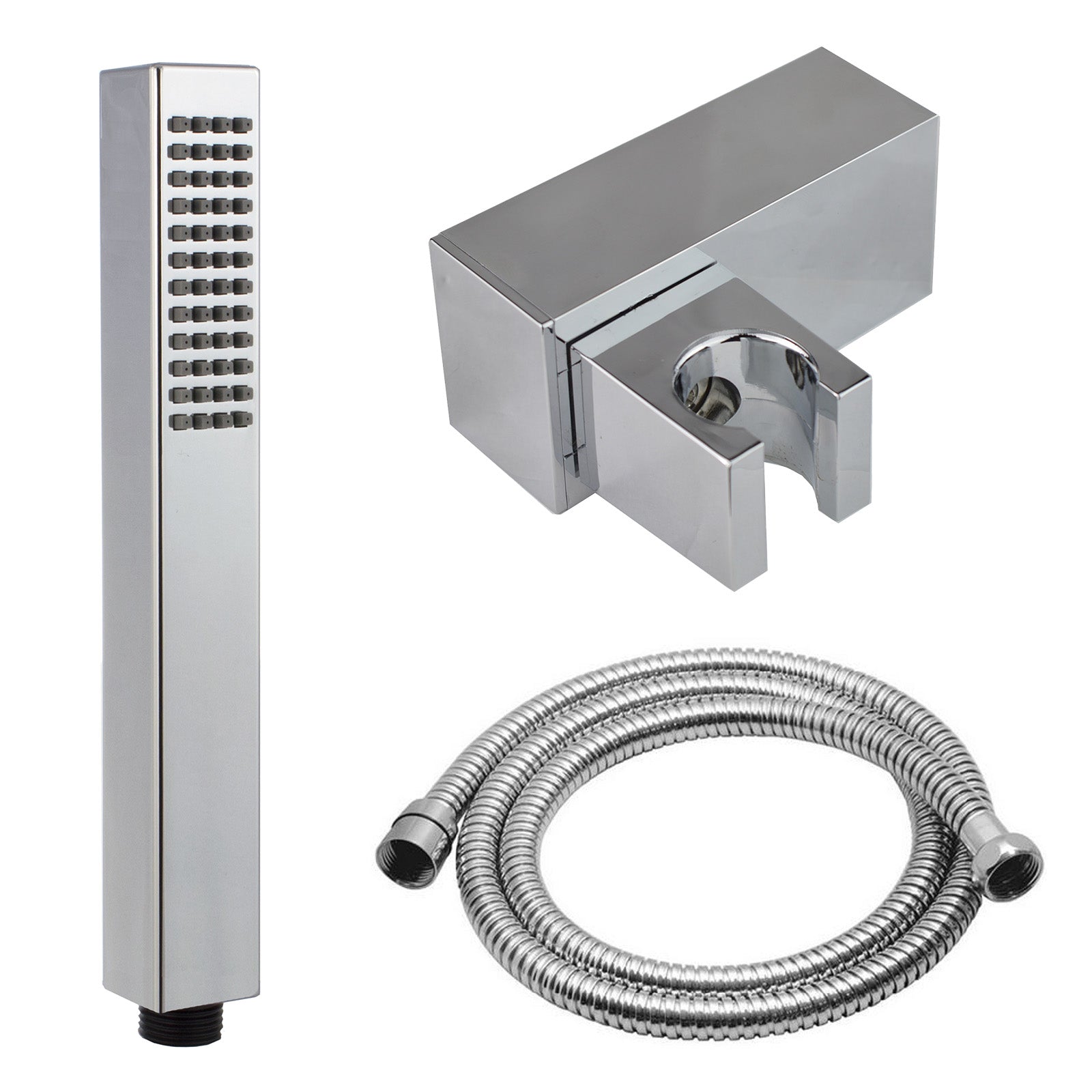 Modern Chrome Rectangular Handheld Shower Head, Shower Hose and Wall Mount Holder