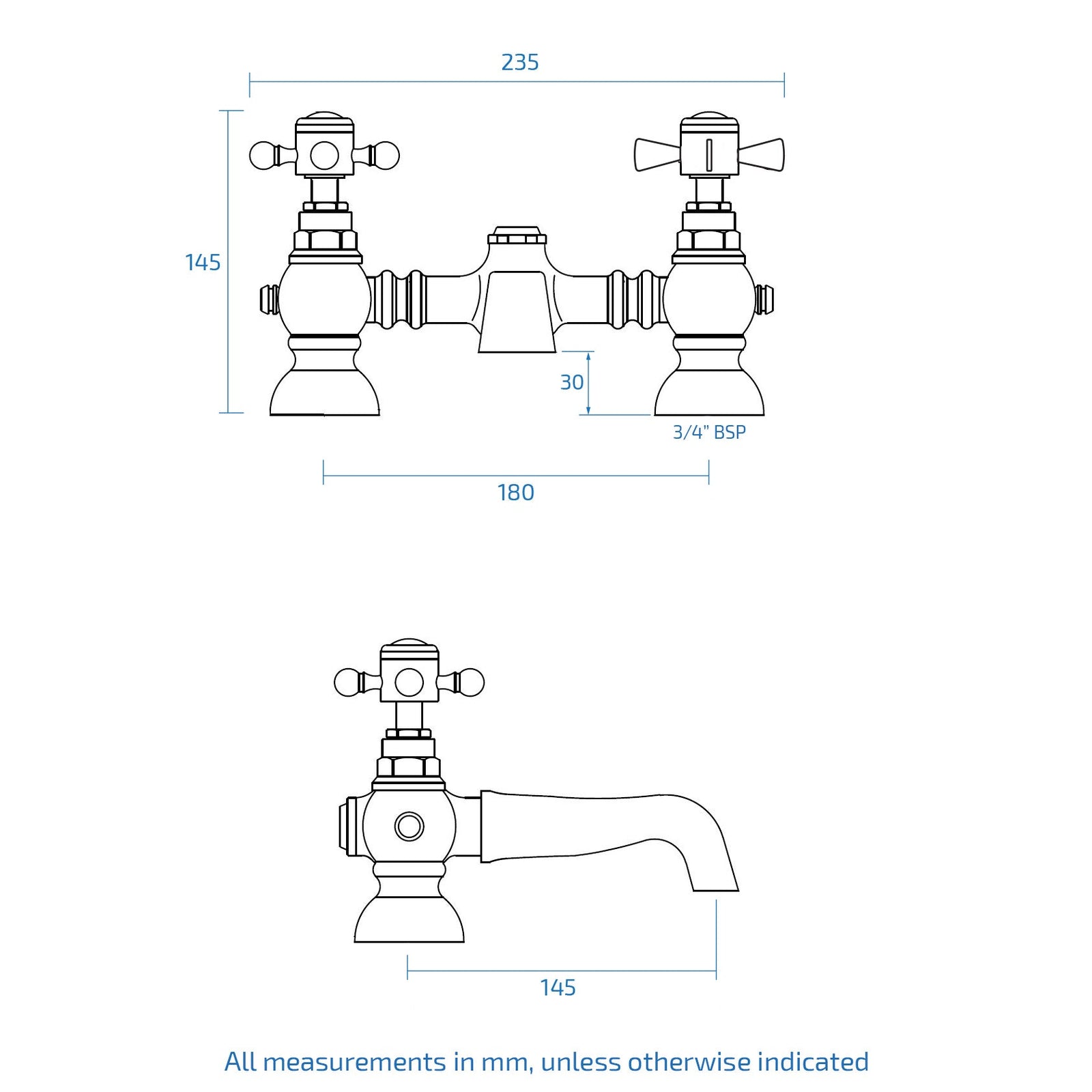 Phillip Bathroom Traditional Chrome Solid Brass Bath Filler Cross Mixer Tap