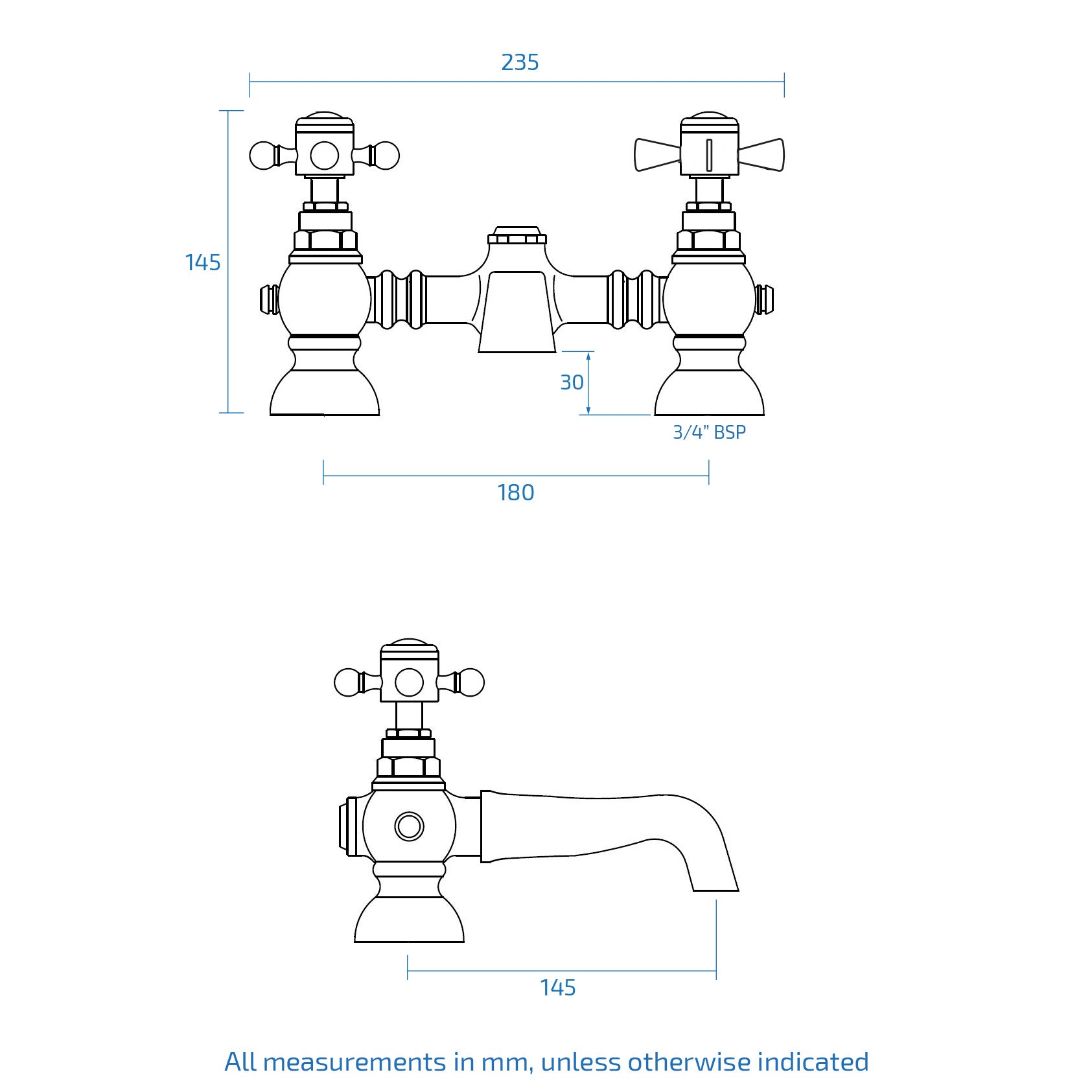 Phillip Bathroom Traditional Chrome Solid Brass Bath Filler Cross Mixer Tap