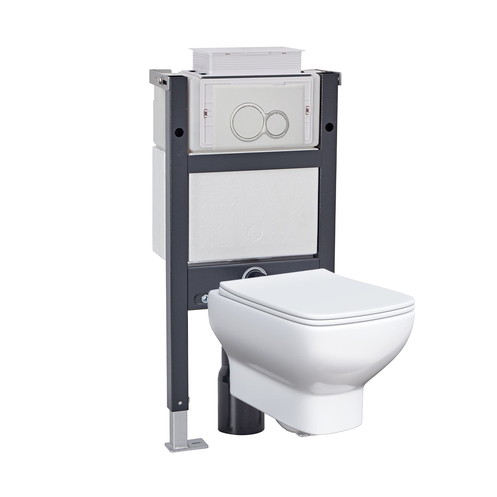 Wall Hung Rimless Toilet, Cistern Frame Matte Chrome Button