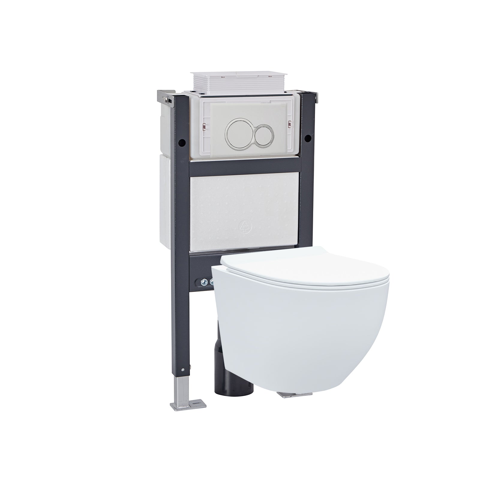 Wall Hung Round Rimless Toilet, Cistern Frame Matte Chrome Button