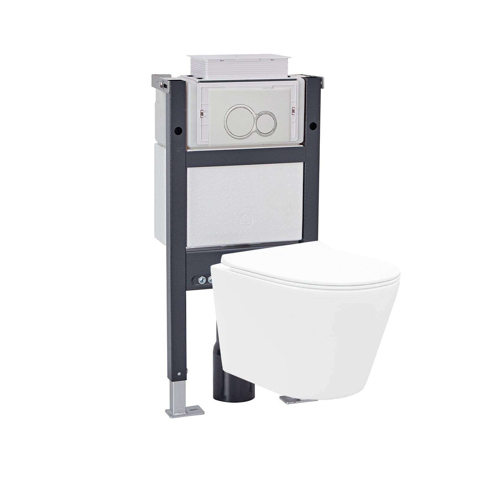 Round Wall Hung Rimless Toilet, Cistern Frame Matte Chrome Button