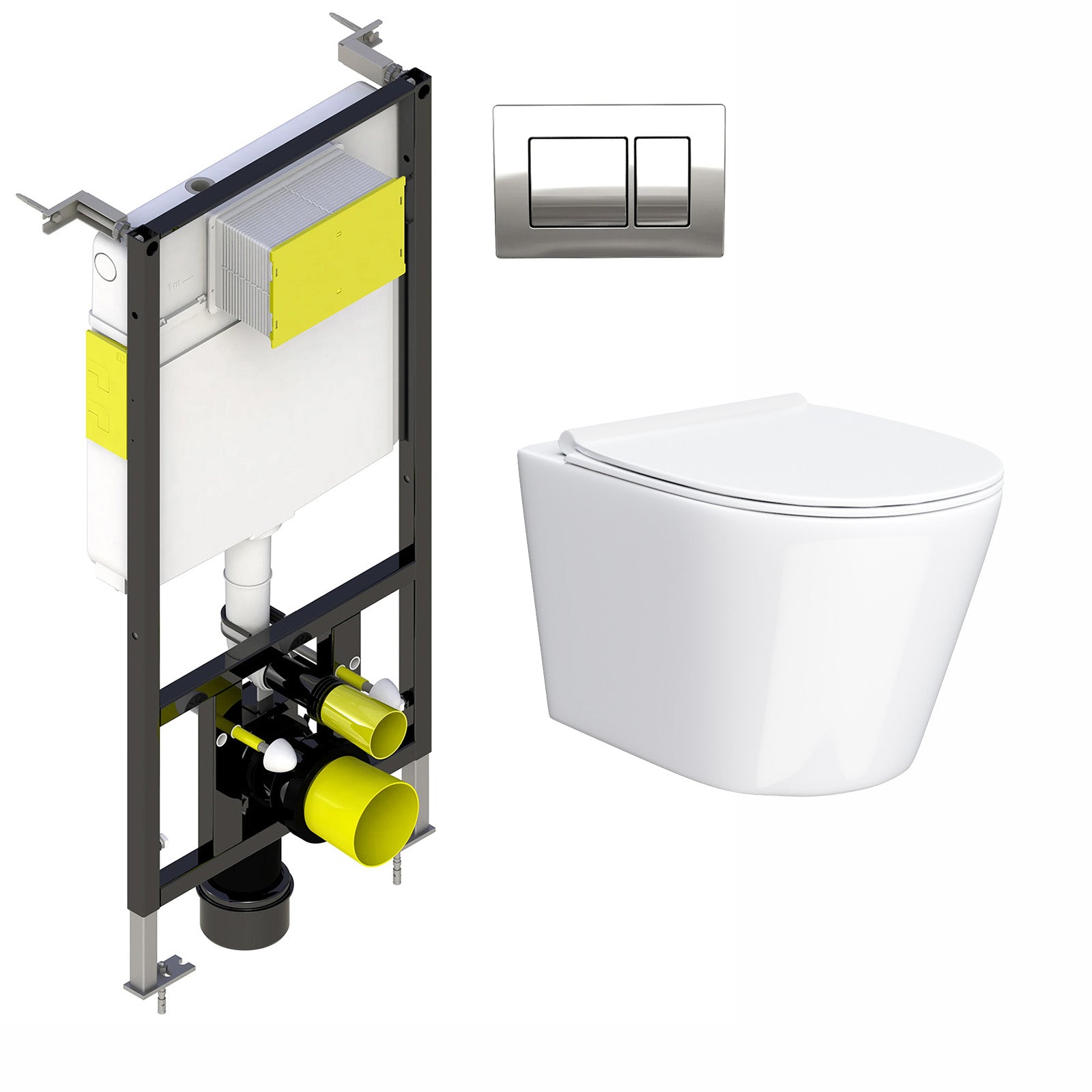 Modern Rimless Wall Hung Toilet with Ultra Slim Soft Close Seat and Wall Frame System
