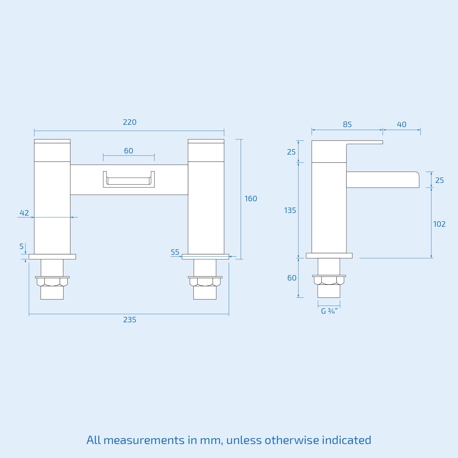 Ozone Waterfall Two Hole Deck Mounted Bath Filler Tap Solid Brass Chrome