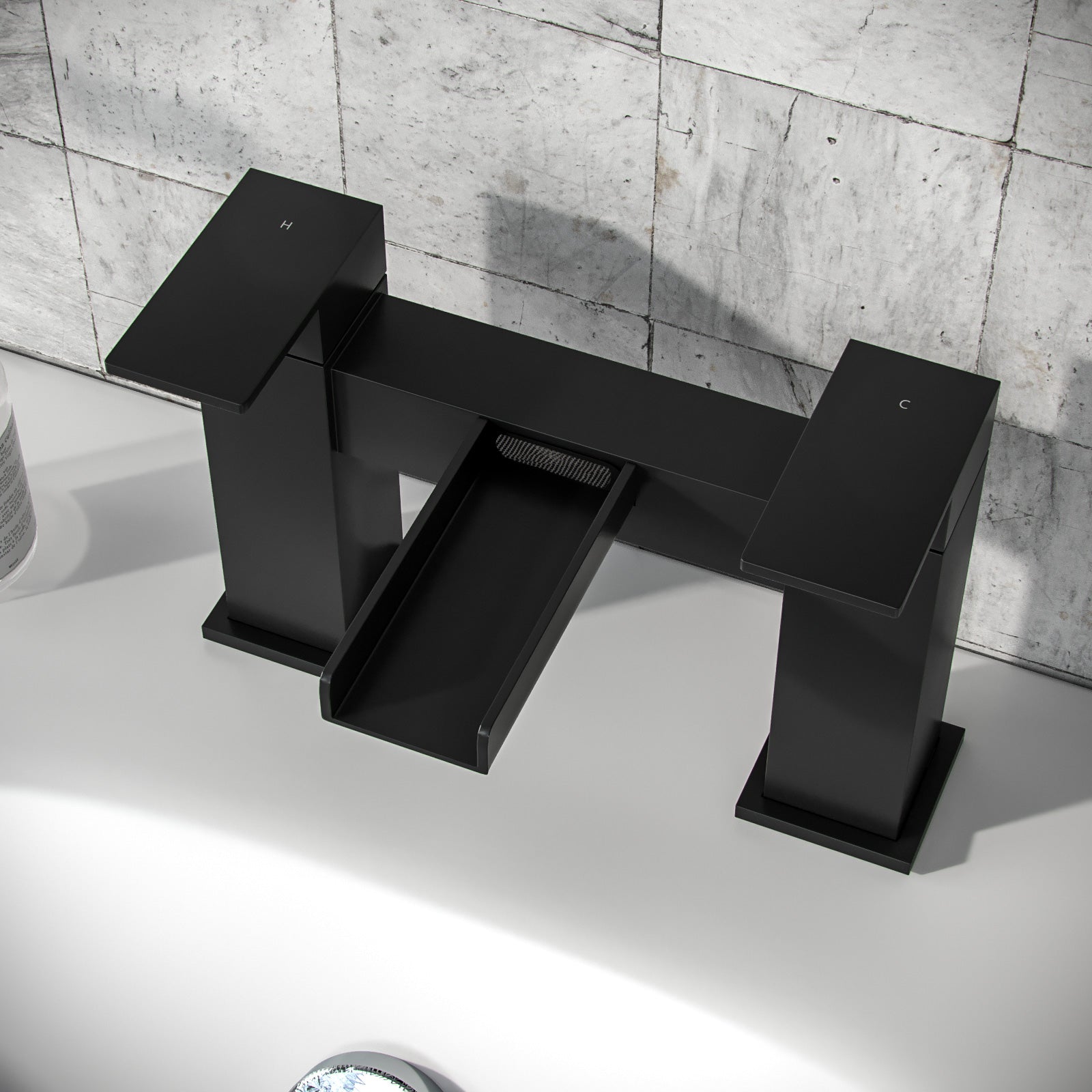 Ozone Contemporary Set Of Waterfall Basin Mono Mixer Tap And Bath Filler Tap & Waste In Matte Black