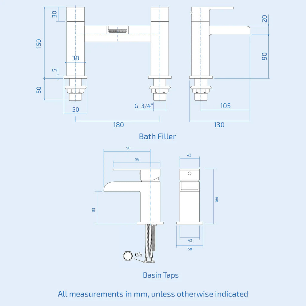 Senore 1700mm P-Shaped Bath with Screen & Front Panel, 550mm Basin Vanity Unit & Close Coupled Toilet - Set with Chrome Fittings