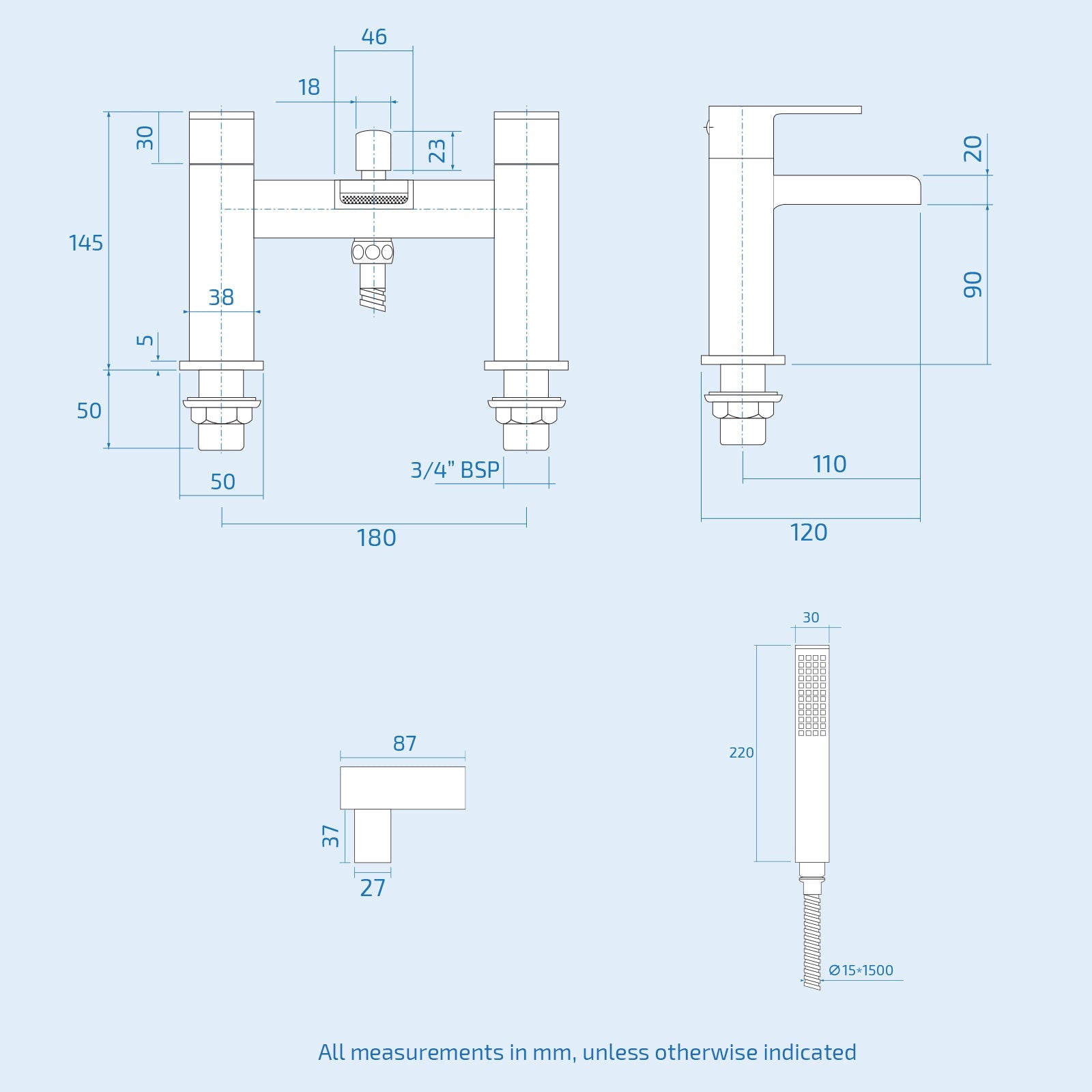 Ashton Square Shower & Ozone Waterfall Mixer Tap, Handset & Riser Rail Kit Matte Black