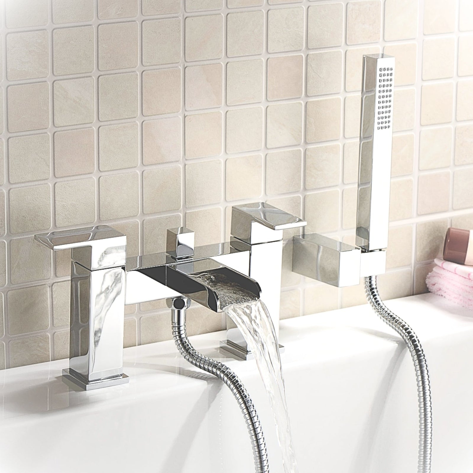 Ozone Contemporary Waterfall Deck Mounted Bath Shower & Basin Sink Mono Mixer Tap Set