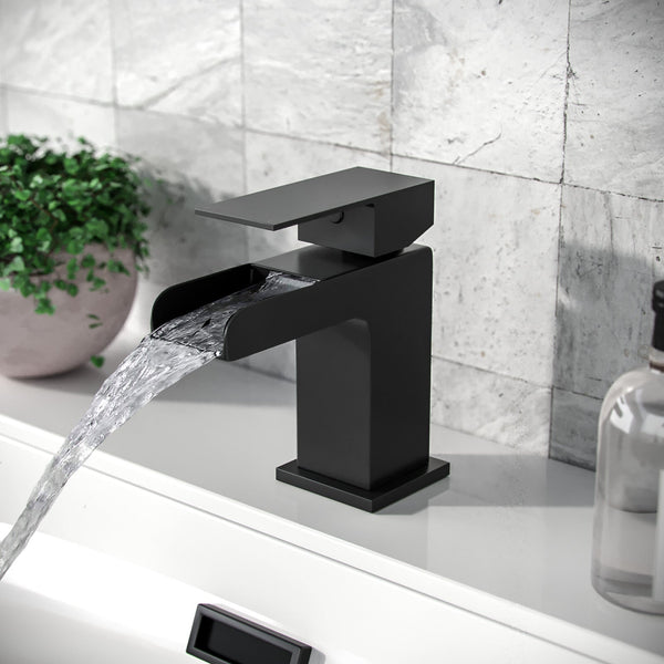 Ozone Modern Matte Black Waterfall Basin Mono Mixer Tap