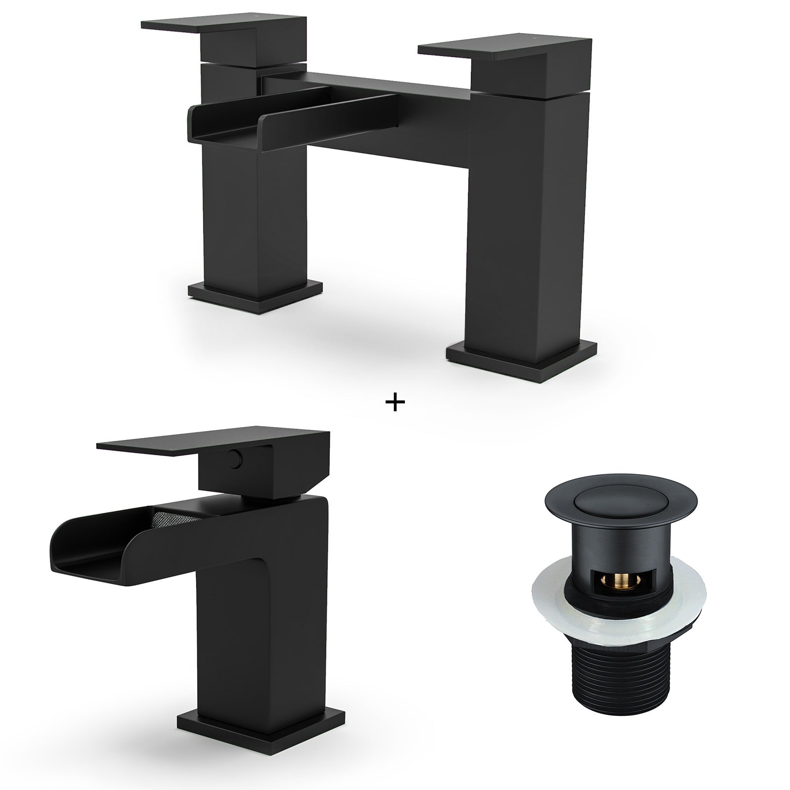 Ozone Contemporary Set Of Waterfall Basin Mono Mixer Tap And Bath Filler Tap & Waste In Matte Black