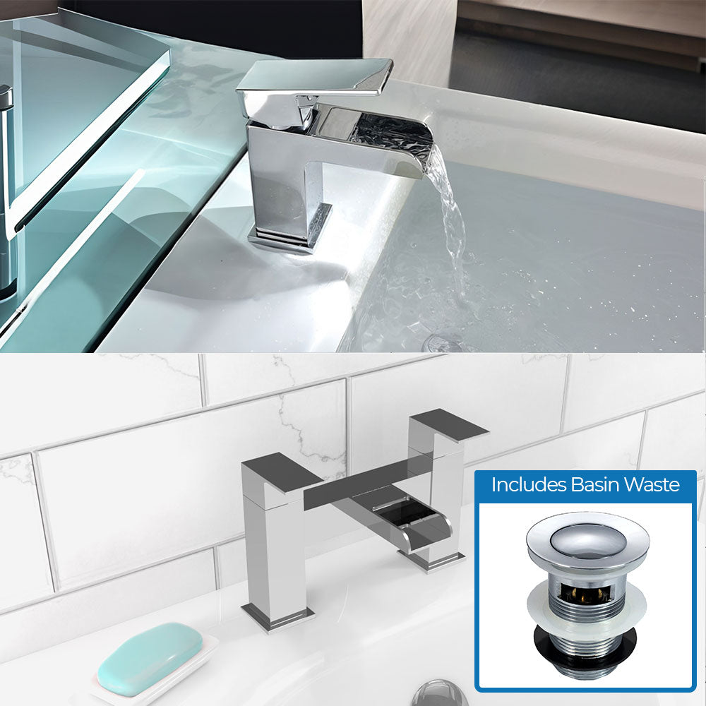 Ozone Contemporary Waterfall Basin Mono Mixer Tap & Deck Mounted Bath Filler Tap