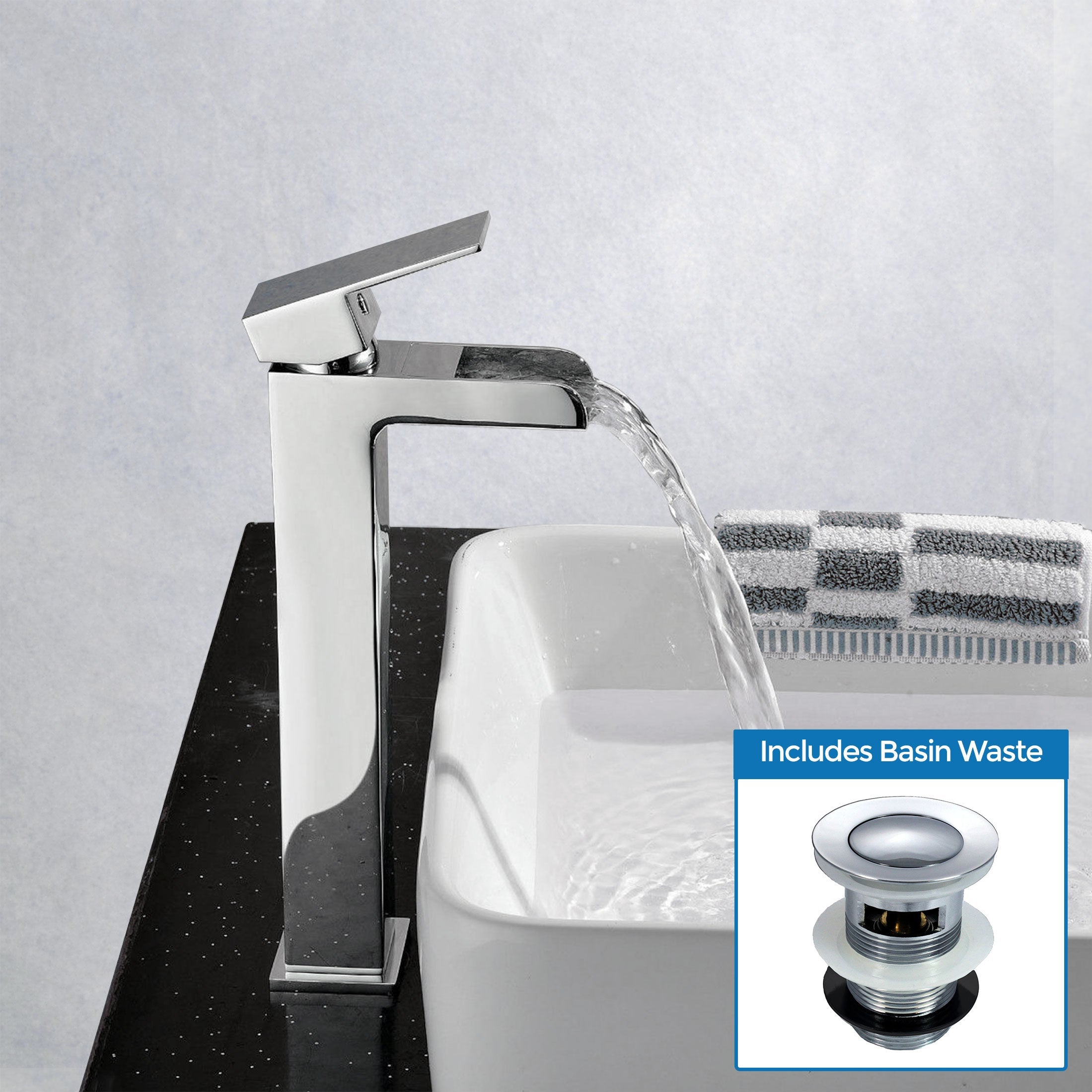 Ozone Square Waterfall Bathroom High Rise Basin Sink Mono Mixer Chrome Tap