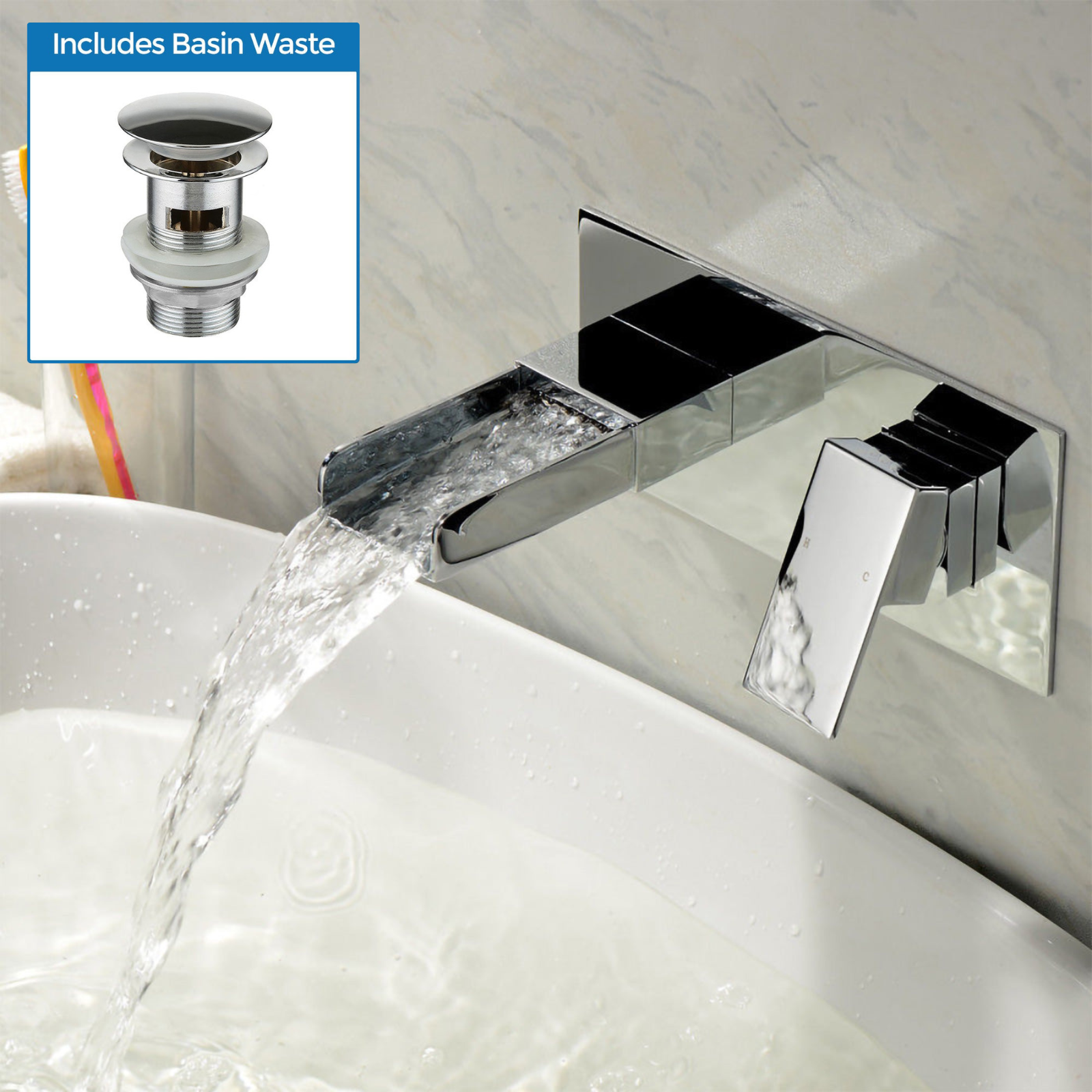 Ozone 160mm Spout length Chrome Square Waterfall Wall Mounted Basin Mixer Tap