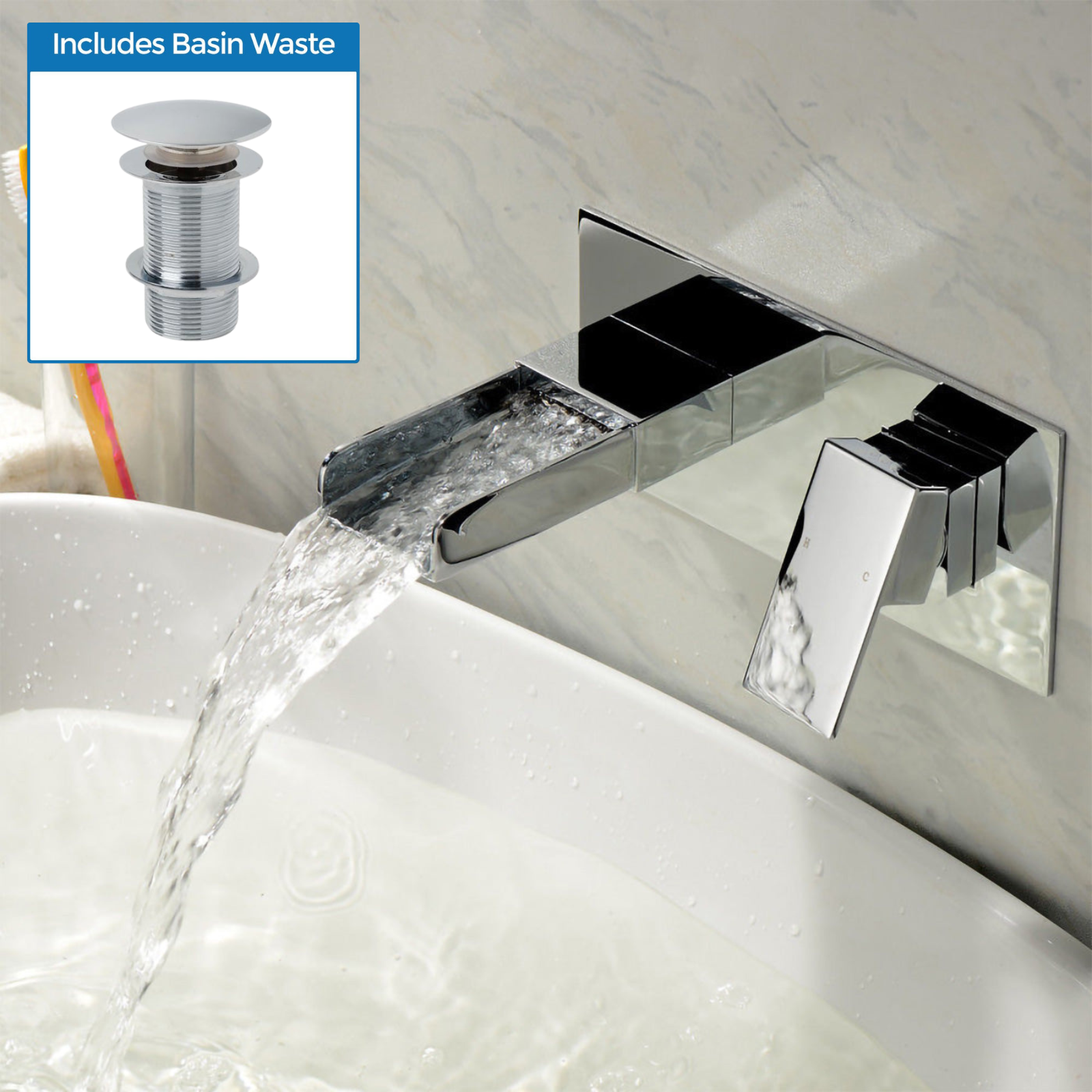 Ozone 160mm Spout length Chrome Square Waterfall Wall Mounted Basin Mixer Tap