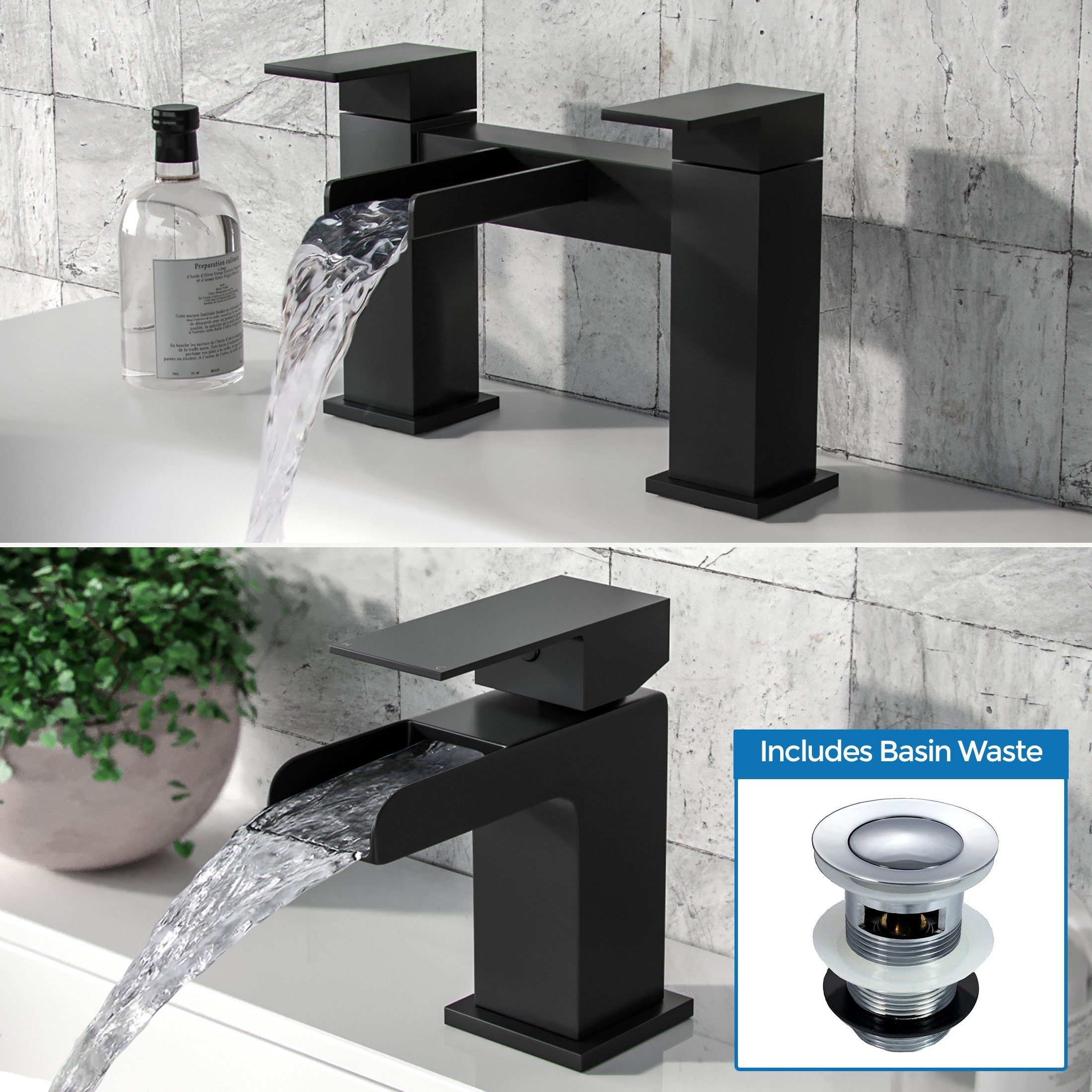 Ozone Contemporary Set Of Waterfall Basin Mono Mixer Tap And Bath Filler Tap & Waste In Matte Black