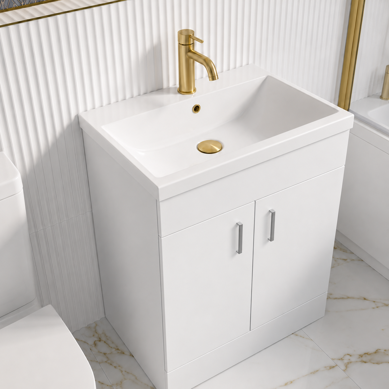 Bathroom Suite - Alaska 1400mm Square Single Ended Bathtub with Screen, 600mm Vanity Unit & Close Coupled Toilet - Set with Brushed Brass Fittings