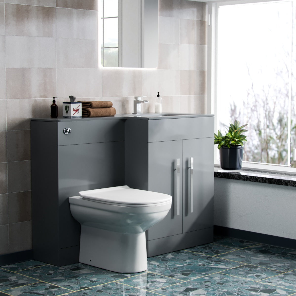 Aric RH 1100mm Flat Pack Vanity Basin Unit, WC Unit & Elso Back To Wall Toilet Grey