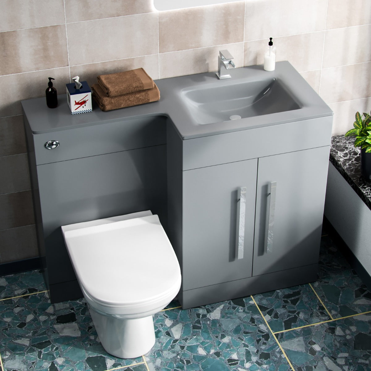 Aric RH 1100mm Flat Pack Vanity Basin Unit, WC Unit & Elso Back To Wall Toilet Grey
