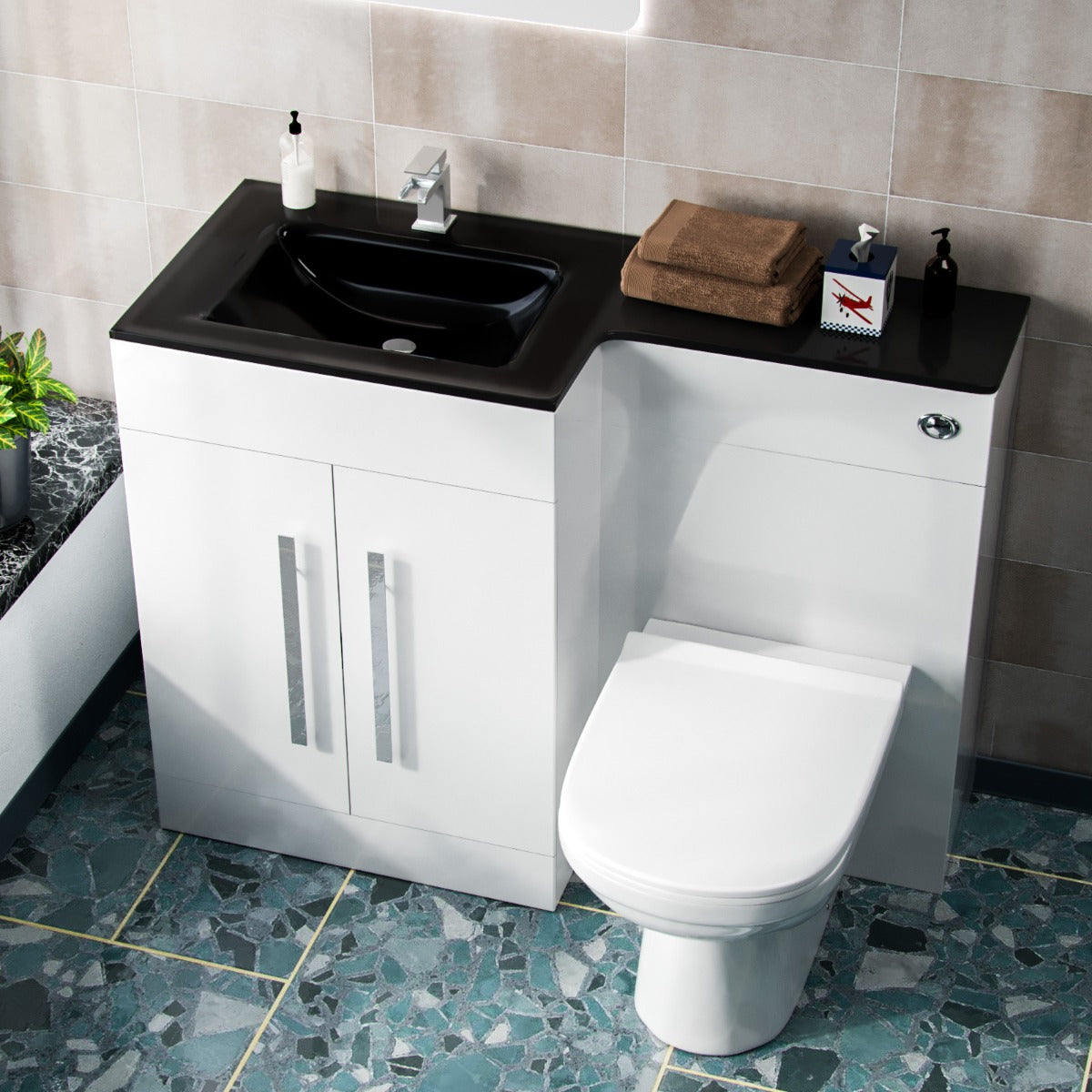 Aric 1100mm Vanity Basin Unit, WC Unit & Elso Back to Wall Toilet White with Black Basin
