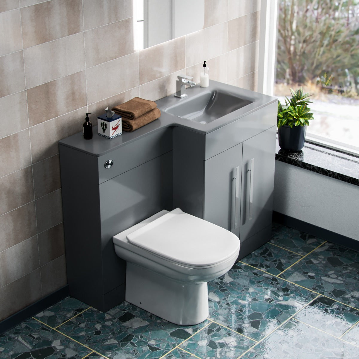 Aric RH 1100mm Flat Pack Vanity Basin Unit, WC Unit & Elso Back To Wall Toilet Grey