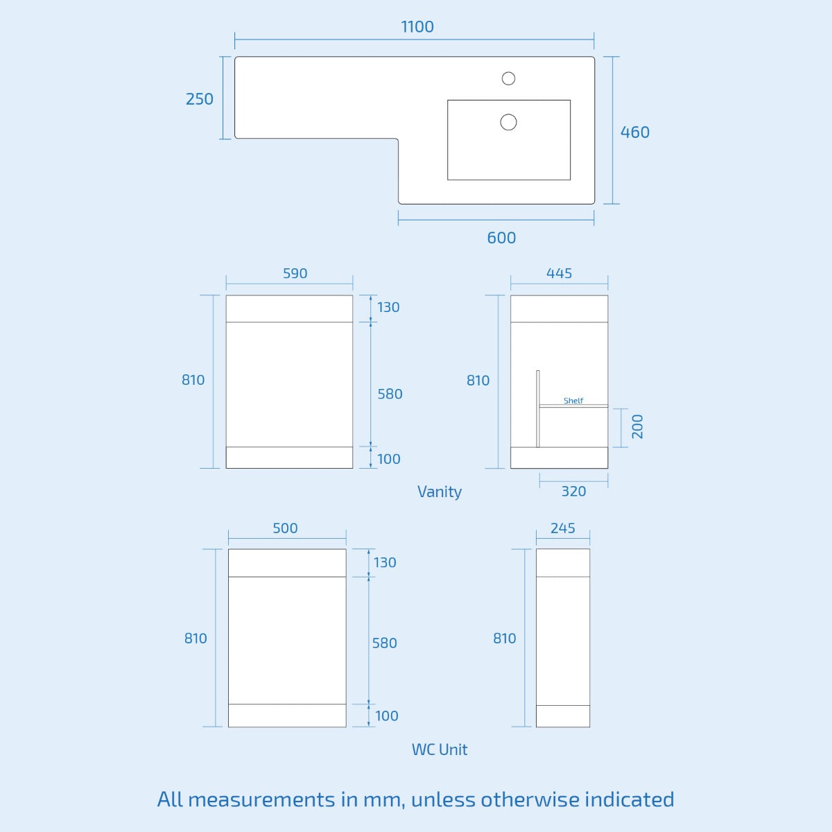 Aric RH 1100mm Flat Pack Vanity Basin Unit, WC Unit & Elso Back To Wall Toilet Grey