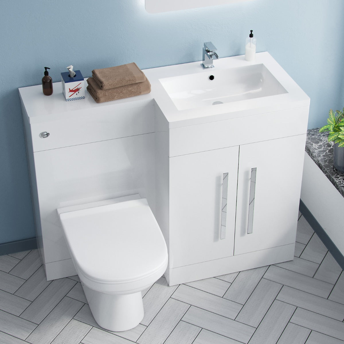Aric 1100mm White Right Hand Basin Vanity Unit & BTW Toilet Flat Pack