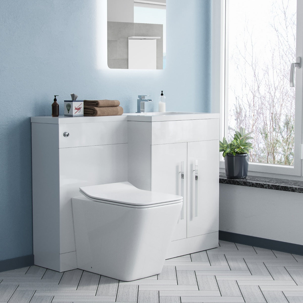 Aric 1100mm RH White Basin Vanity Unit WC BTW Rimless Toilet Flat Pack