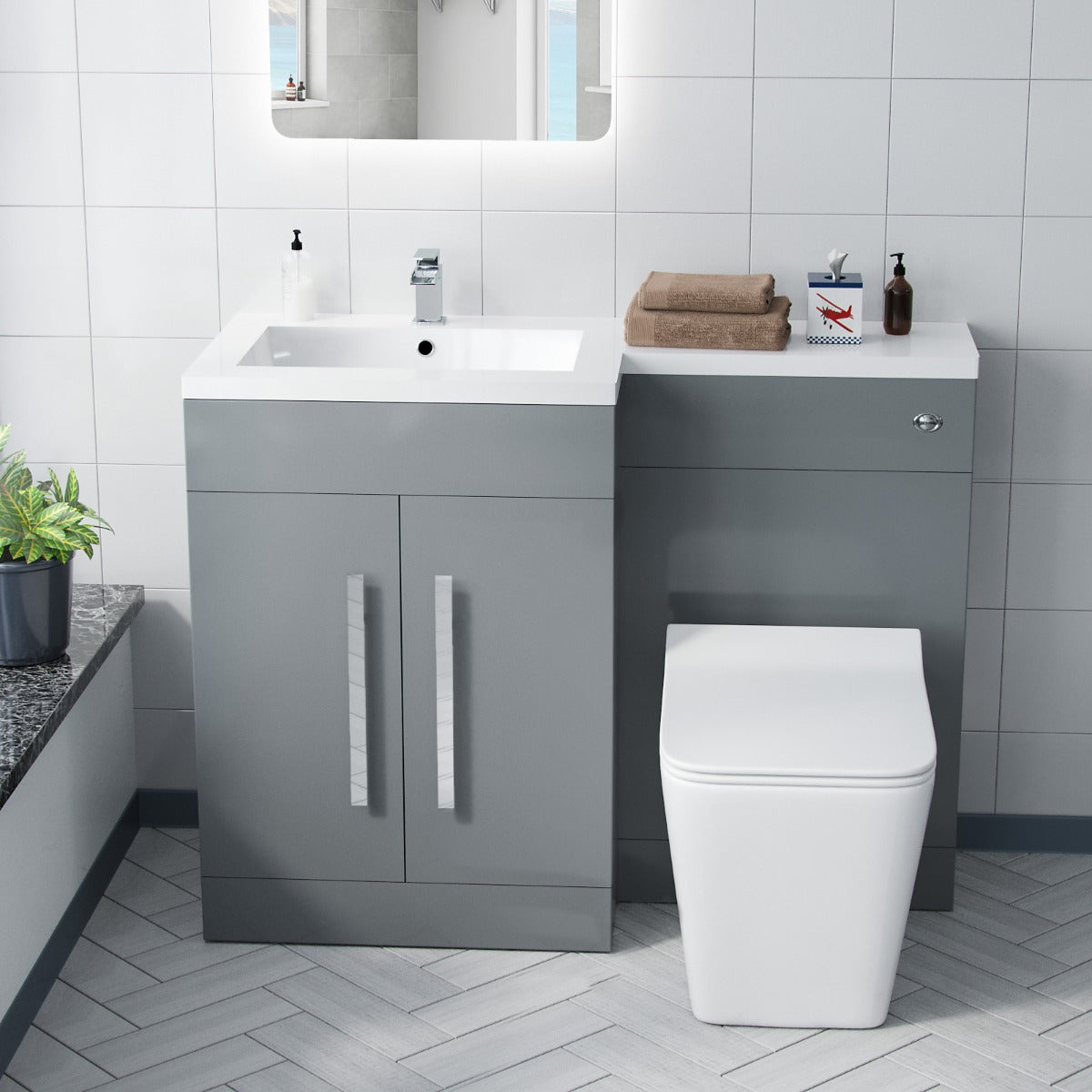 Aric LH 1100mm Flat Pack Vanity Basin Unit, WC Unit & Elora Back To Wall Toilet Grey
