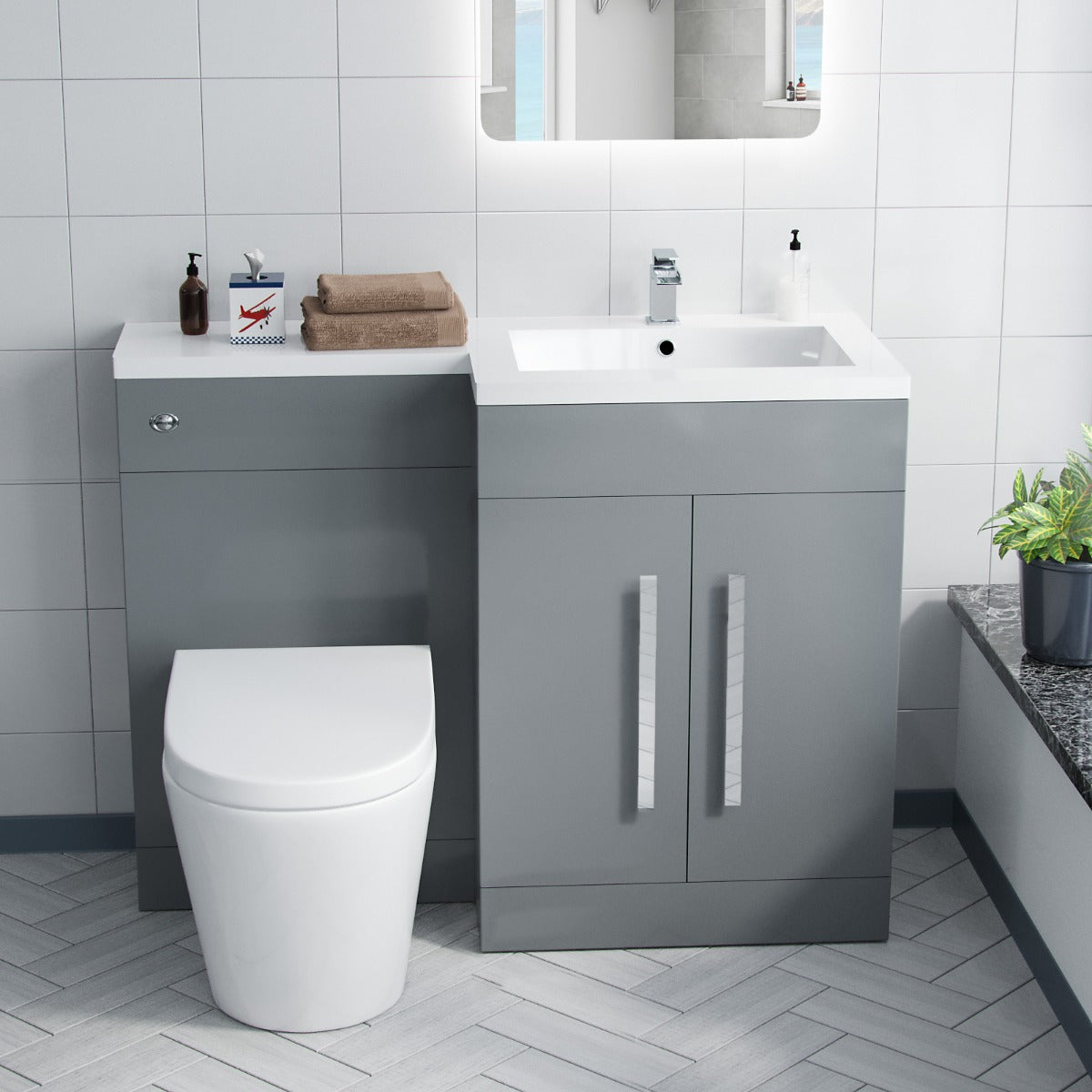 Aric RH 1100mm Flat pack Vanity Basin Unit, WC Unit & Debra Back To Wall Toilet Grey