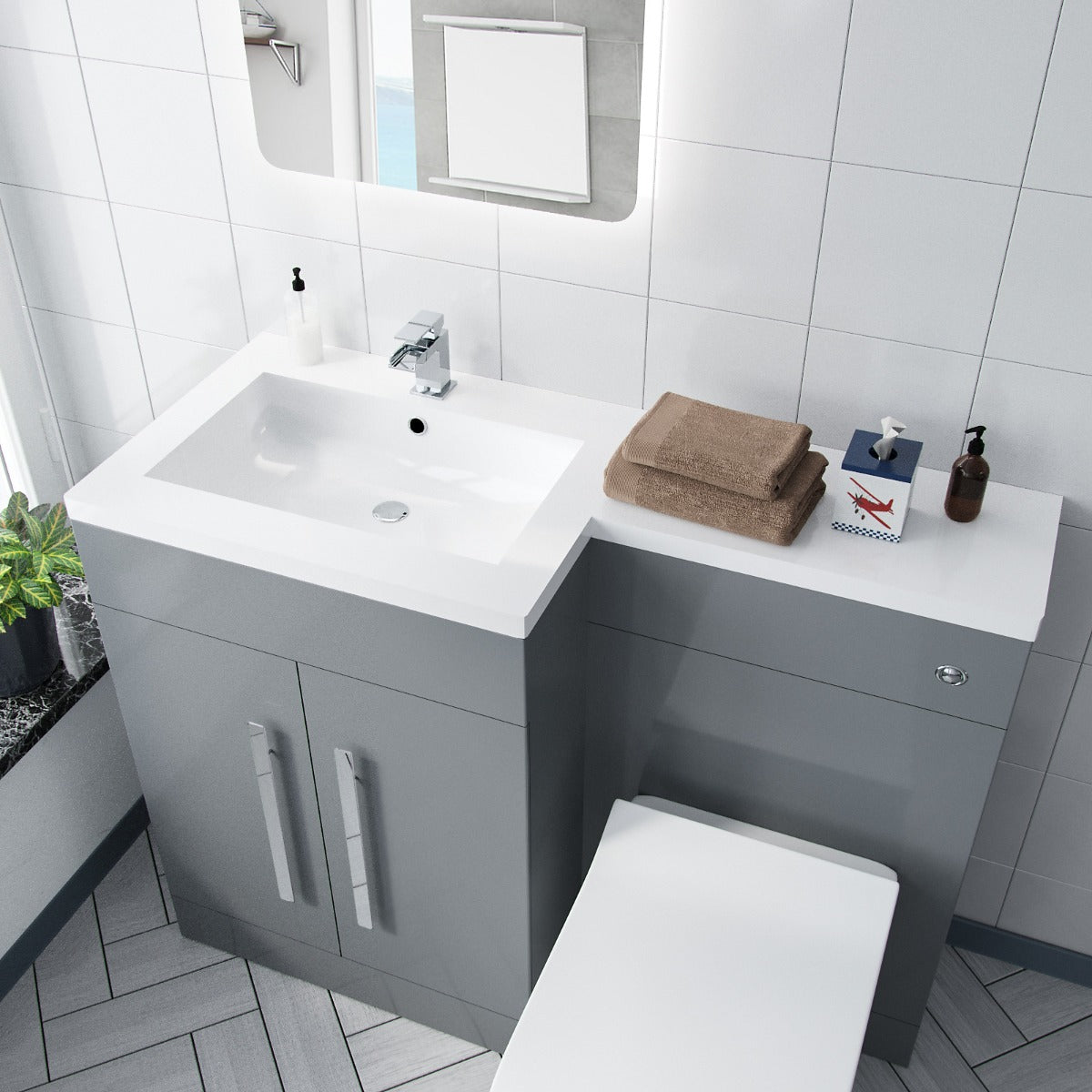 Aric 1100mm LH Bathroom Basin Combination Flat Pack Vanity Unit Grey and Ellis Back To Wall WC Toilet