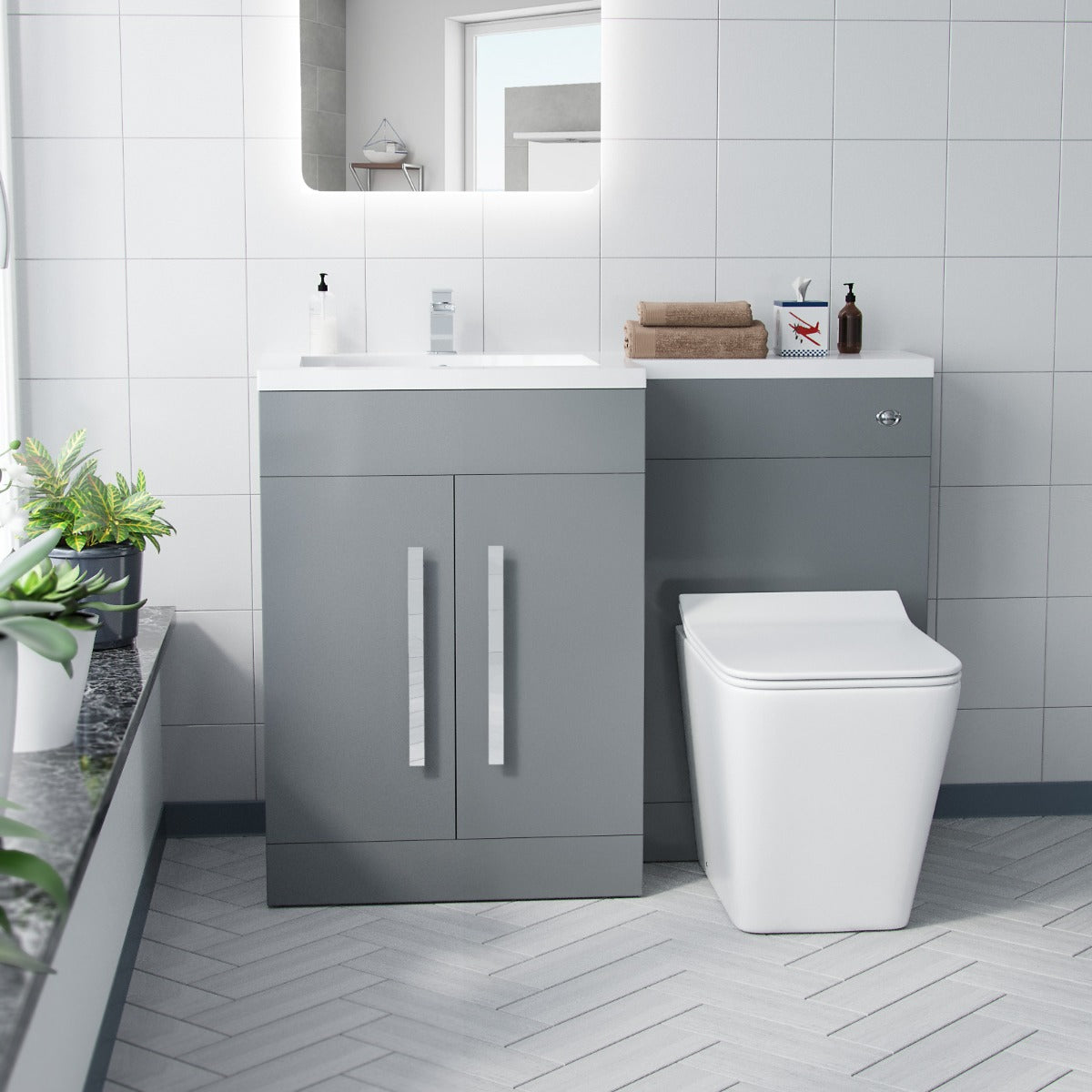 Aric LH 1100mm Flat Pack Vanity Basin Unit, WC Unit & Elora Back To Wall Toilet Grey
