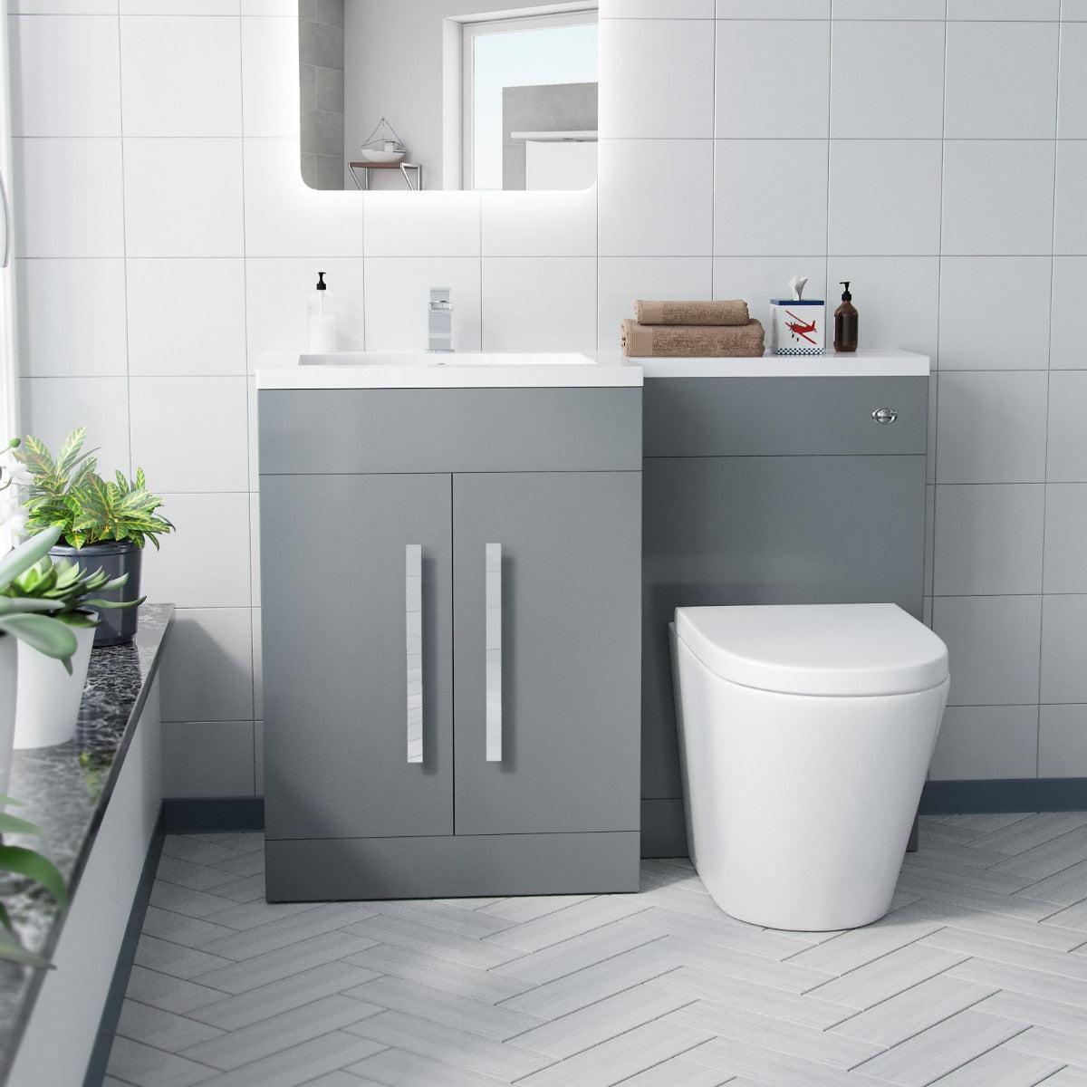 Aric 1100mm LH Bathroom Basin Combination Flat Pack Vanity Unit Grey and Ellis Back To Wall WC Toilet