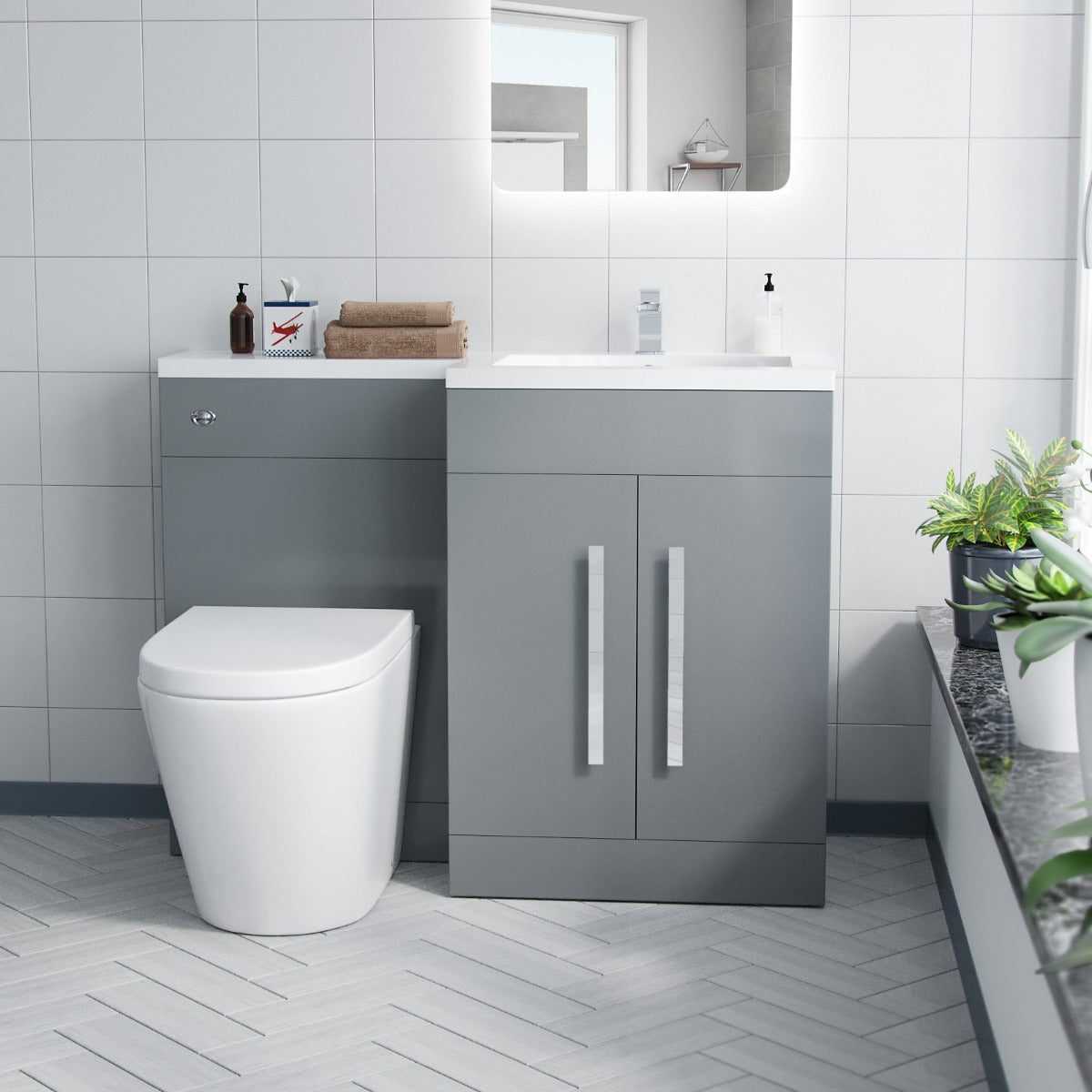 Aric RH 1100mm Flat pack Vanity Basin Unit, WC Unit & Debra Back To Wall Toilet Grey
