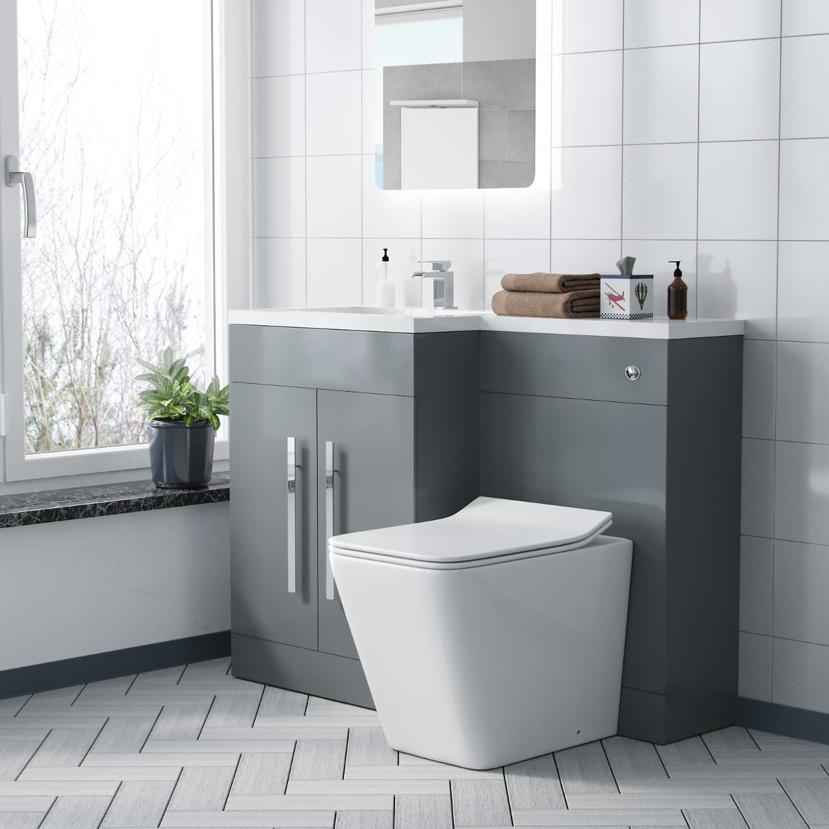 Aric LH 1100mm Flat Pack Vanity Basin Unit, WC Unit & Elora Back To Wall Toilet Grey