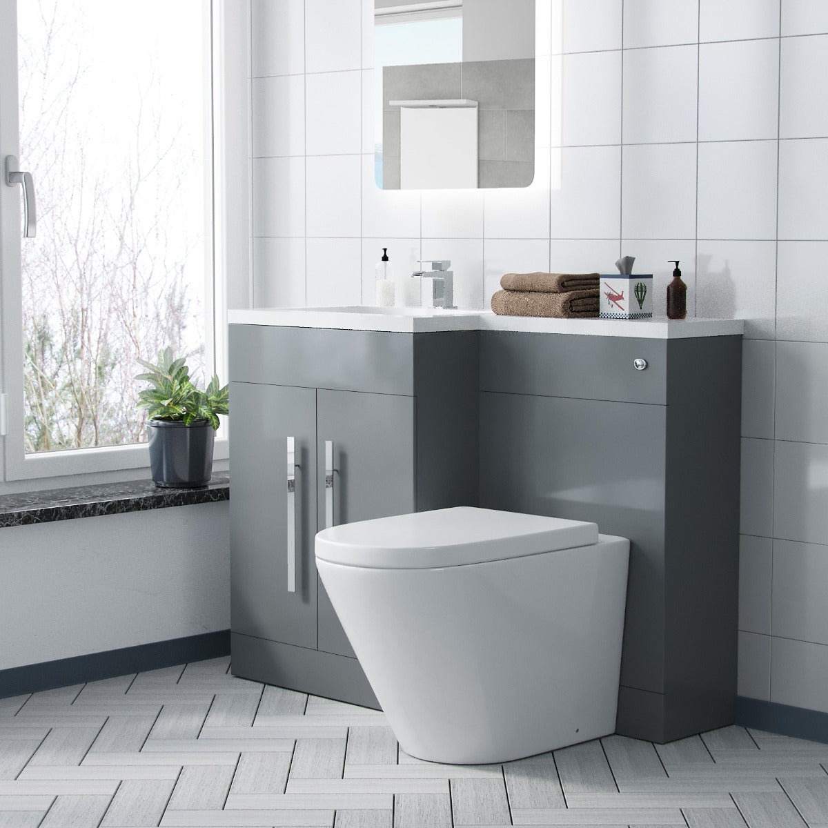 Aric 1100mm LH Bathroom Basin Combination Flat Pack Vanity Unit Grey and Ellis Back To Wall WC Toilet