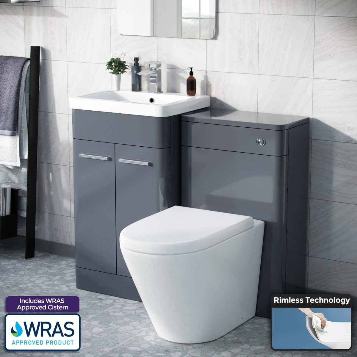 Afern 1000mm Steel Grey Vanity Cabinet with WC Unit And Round Rimless BTW Toilet Amie