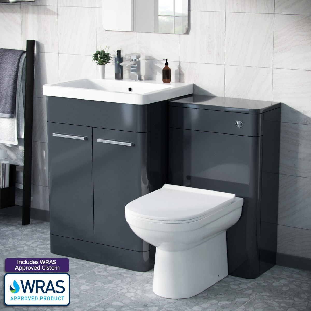 Afern Anthracite 600mm Vanity Basin Unit, WC Unit & Elso Back to Wall Toilet
